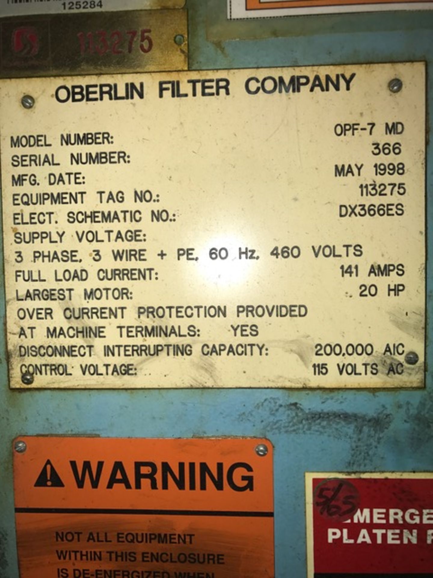 OBERLIN PRESSURE FILTRATION SYSTEM, MODEL OPF-7 MD, SN 366, YEAR 1998, LOCATION MI, BUYER TO SHIP - Image 2 of 5