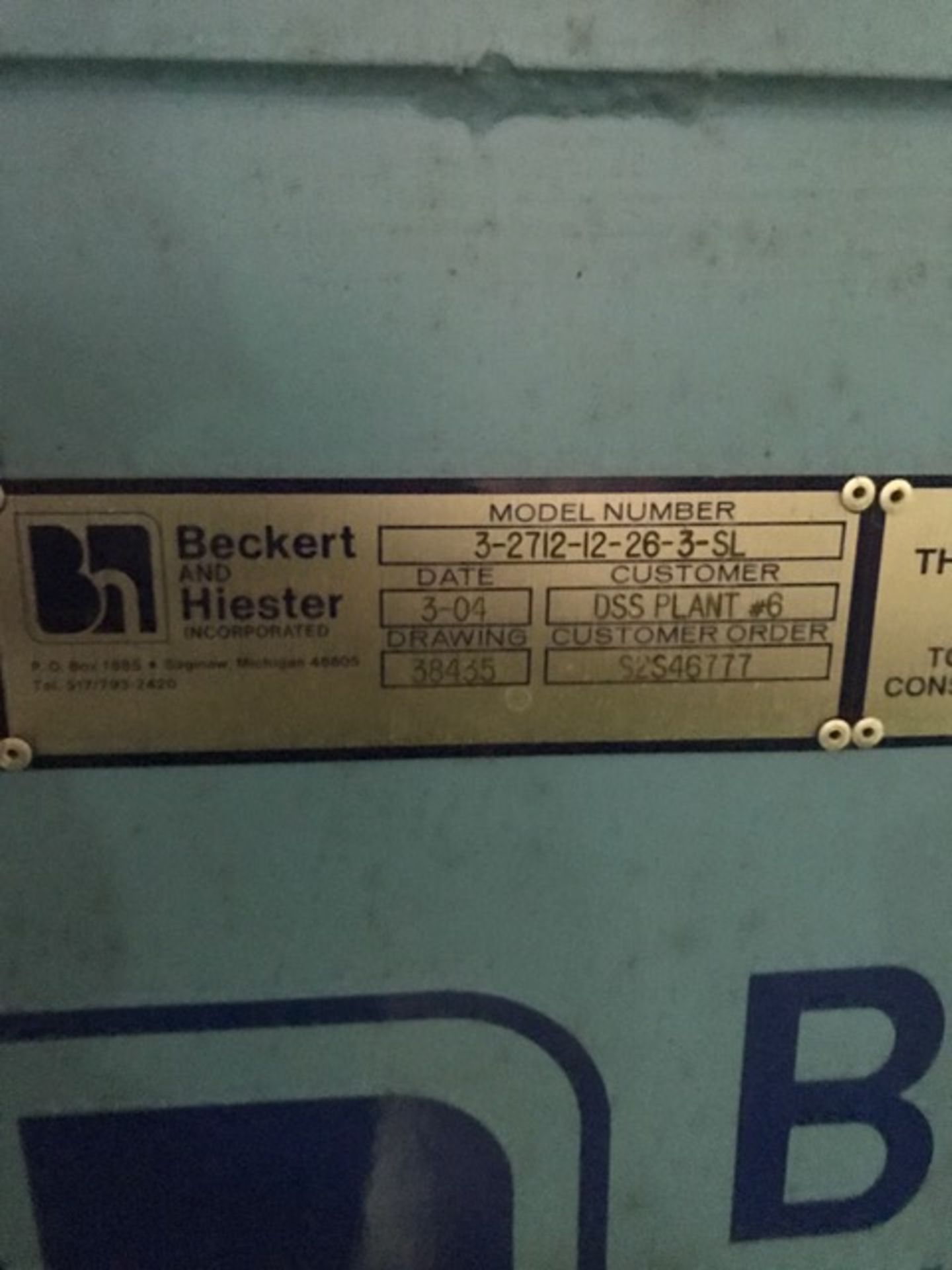 BECKERT & HIESTER DUST COLLECTOR, MODEL 3-2712-12-26-3-SL, YEAR 03/2004, LOCATION MI , BUYER TO SHIP - Image 3 of 4