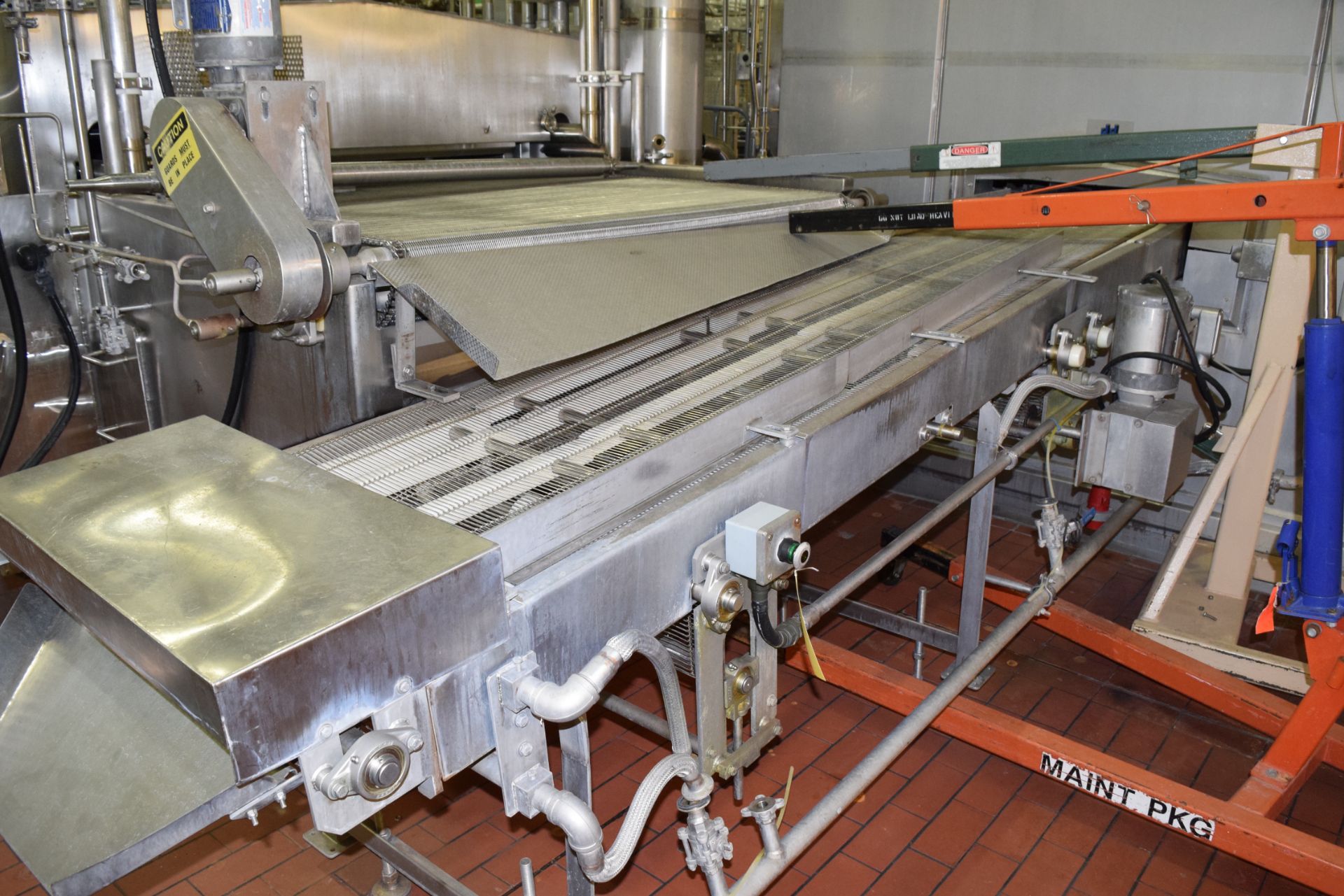 S/S Frame Product Conveyor, Dimensions = 22" X 155", with S/S Mounted Belt Drive and Heated Side