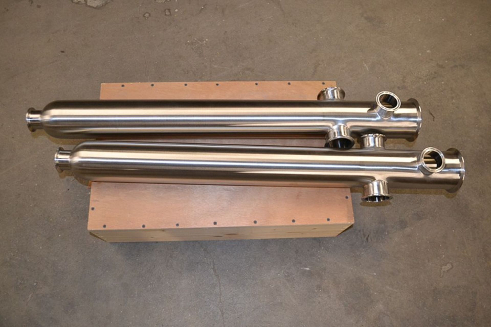 Unused S/S In-Line Filter Bodies, 2" Clamp Upper Side Inlet ; Outlet with 2-1/2" Dual Side Ports ;