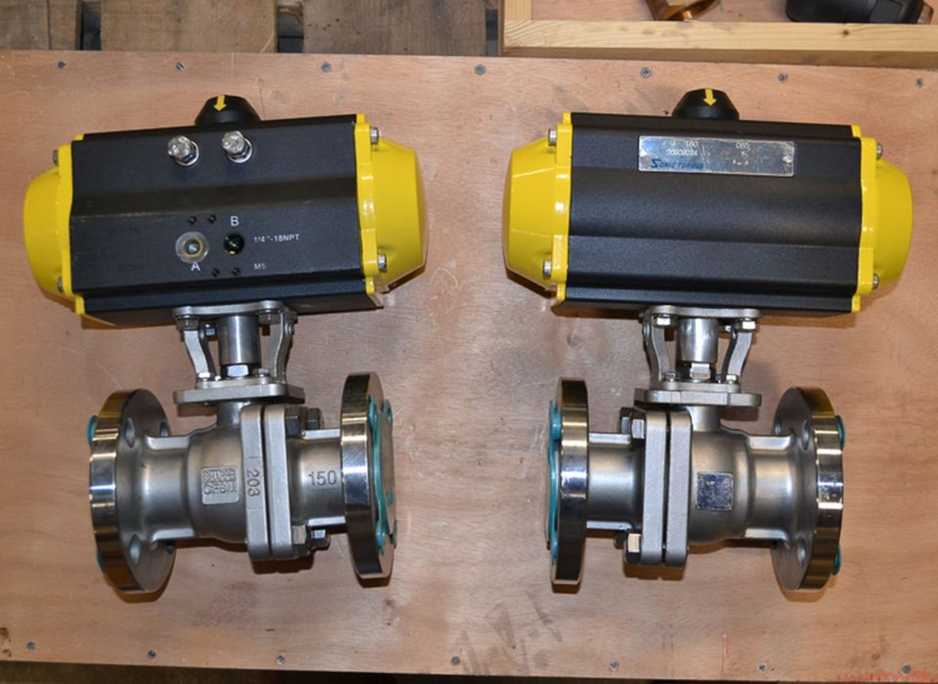 (3) Unused S/S In-Line 1-1/2" Flanged Ball Valves with Actuators and NEW 1-1/2" S/S Ball Valves-