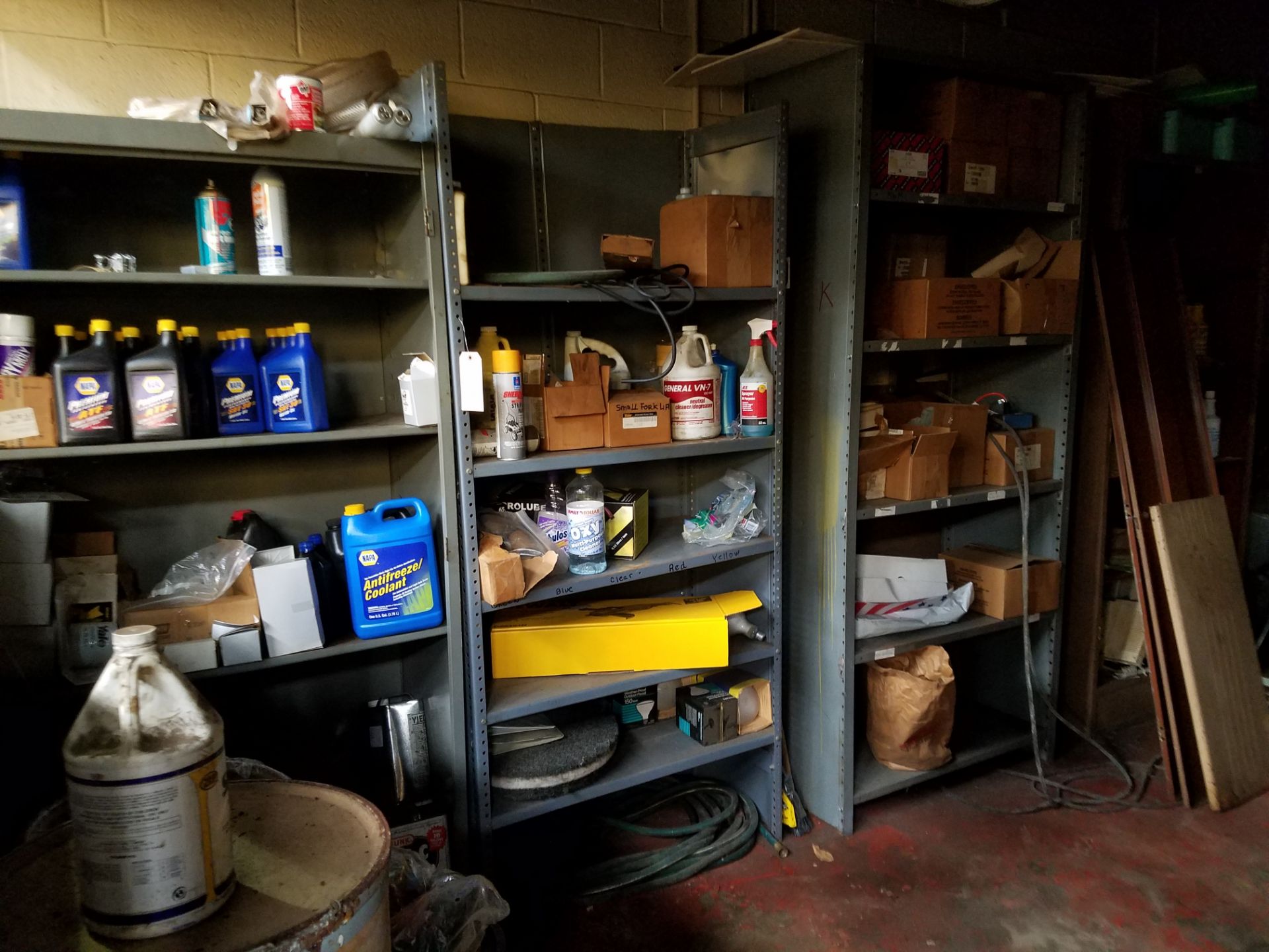 CONTENTS OF MAINTENANCE ROOM - NOTHING ATTACHED SHELVES, OIL, AUTOMOTIVE, MISC CLEANING, NOTHING