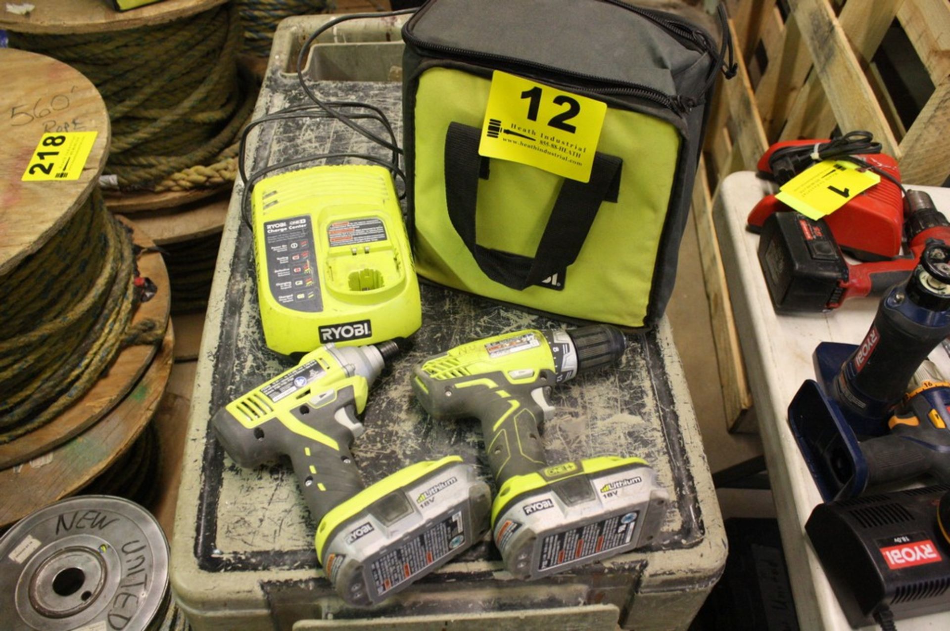 LOT RYOBI MODEL P208B CORDLESS VSR DRILL, MODEL P234G CORDLESS IMPACT DRIVER, (2) 18 V LITHIUM