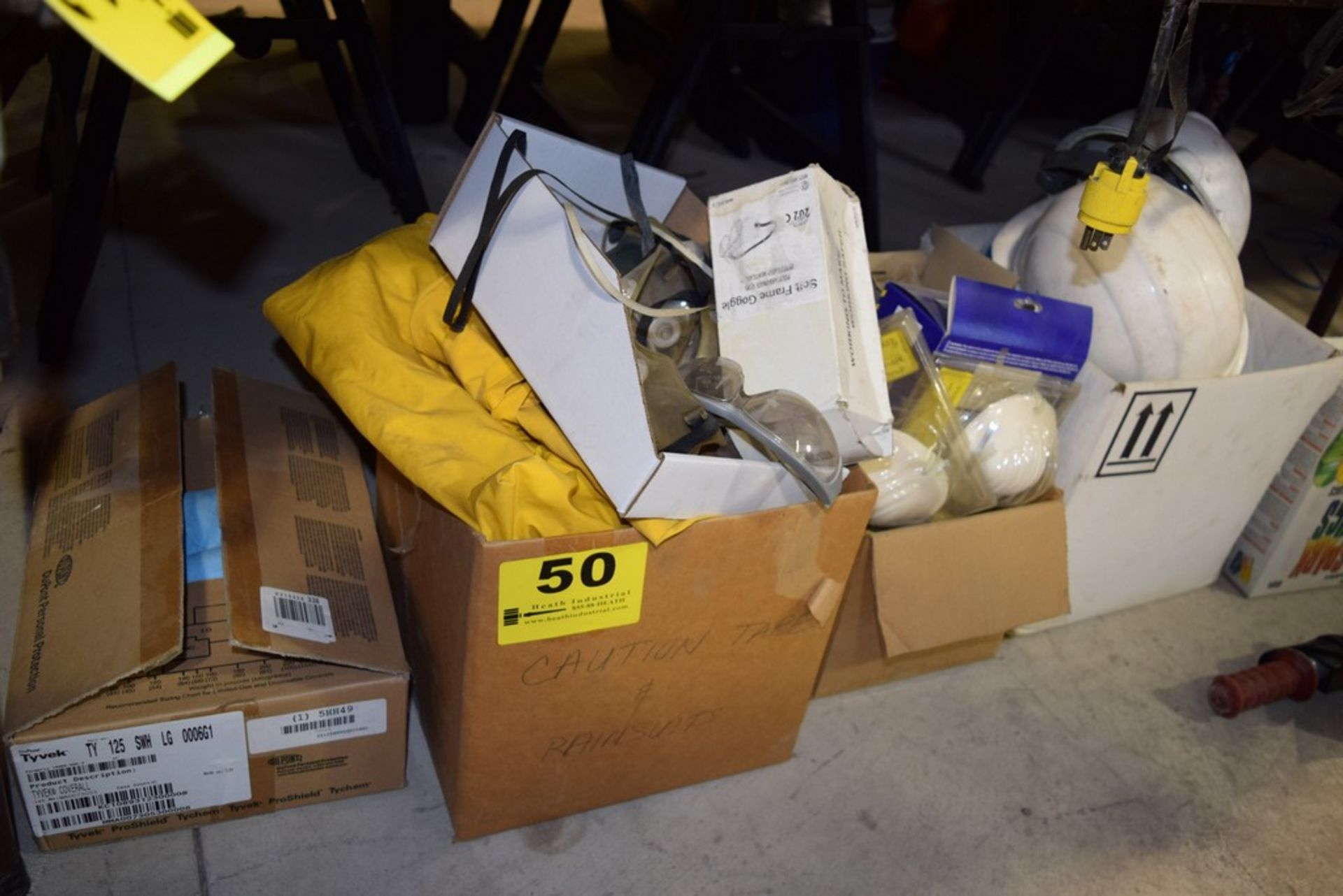 LOT ASSORTED SAFETY GEAR: RAIN SUITS, HELMETS, GOGGLES, RESPIRATORS, ETC.