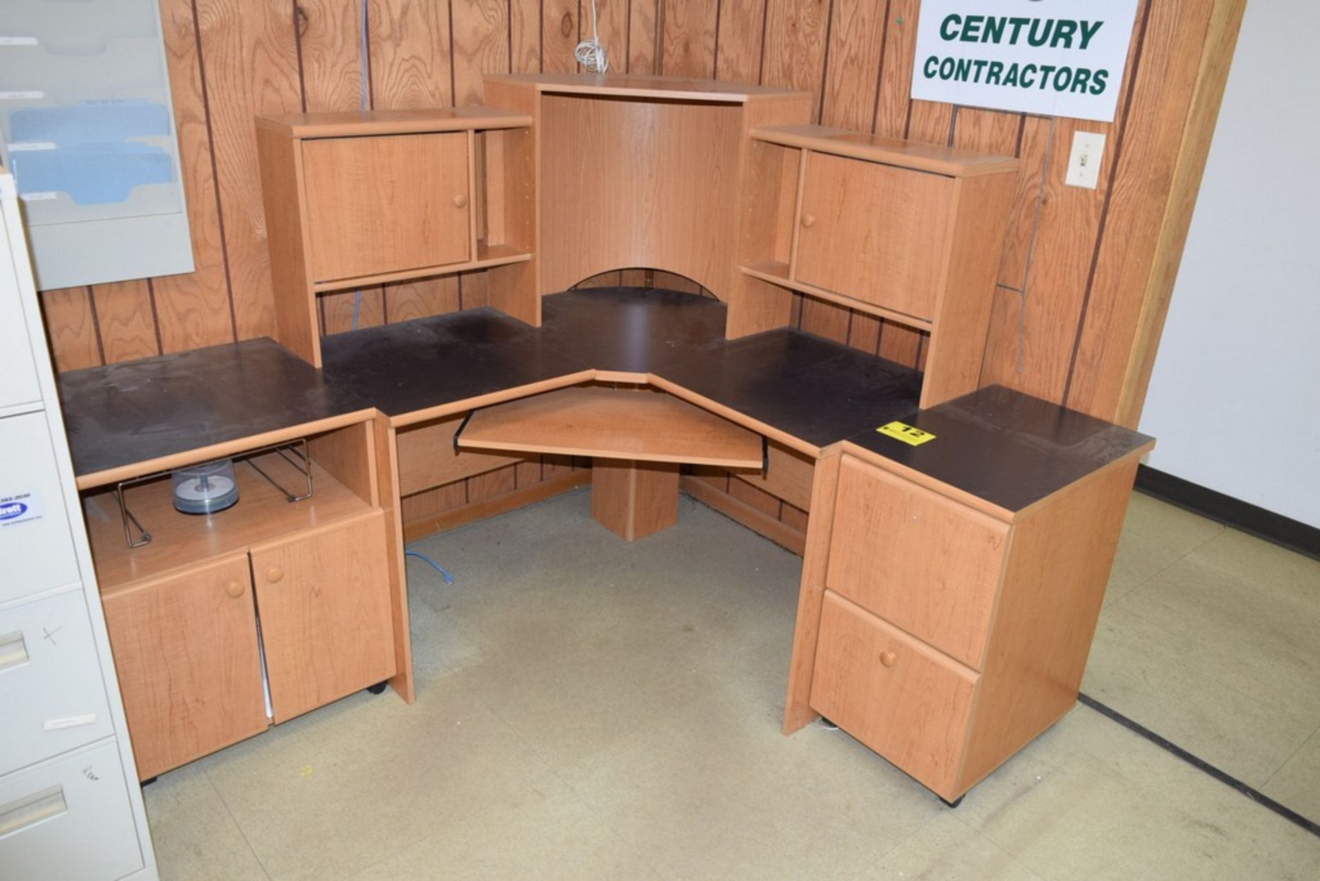 THREE PIECE WOOD LAMINATE CORNER COMPUTER WORK STATIONS DESK WITH HUTCH, TWO DRAW FILE CABINET,