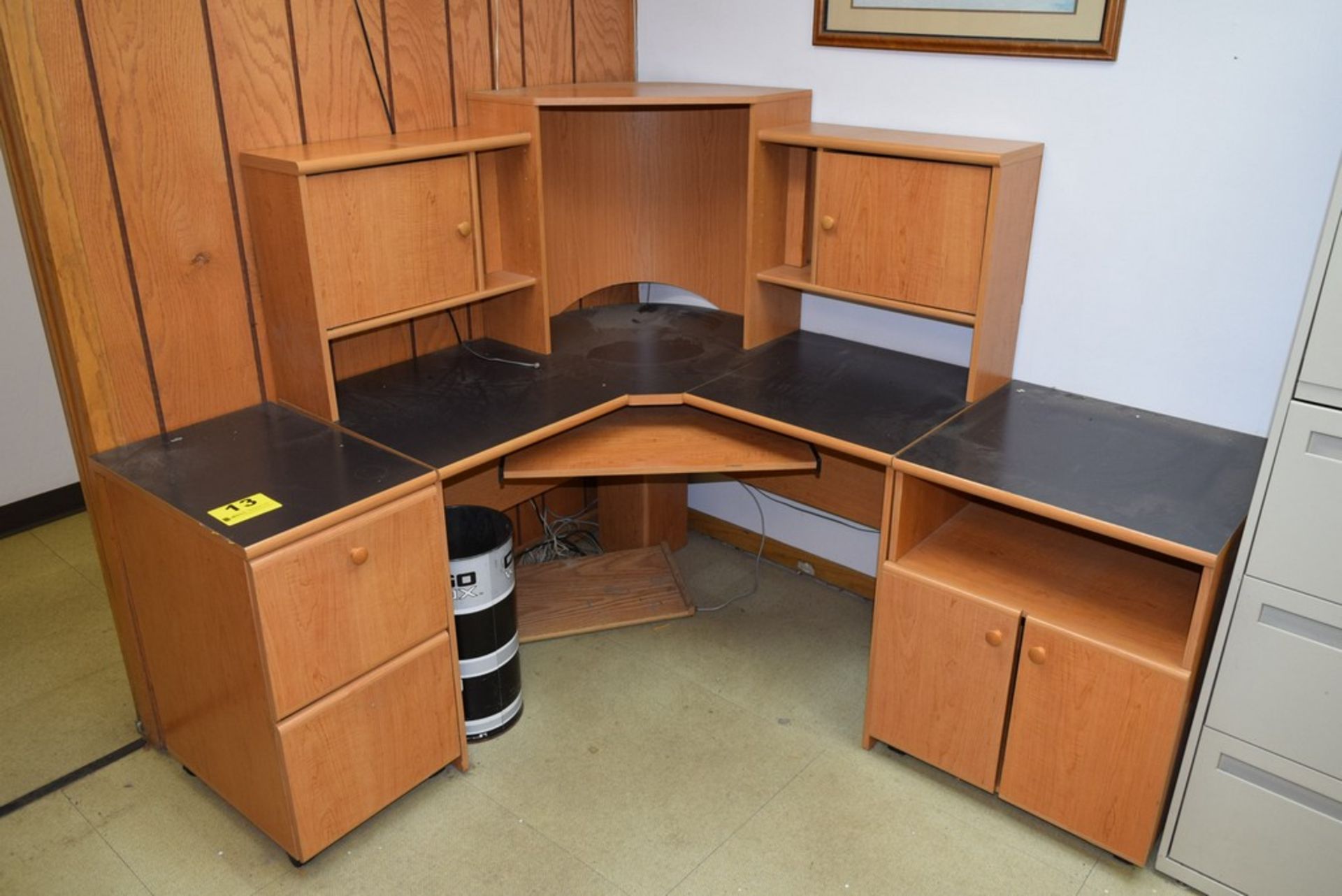THREE PIECE WOOD LAMINATE CORNER COMPUTER WORK STATIONS DESK WITH HUTCH, TWO DRAW FILE CABINET,