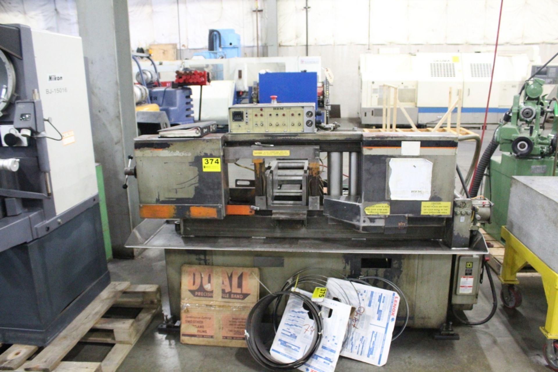 HEM MODEL H90A 12" X 12" AUTOMATIC HORIZONTAL BAND SAW SN: 552197, POWER CLAMPING , POWER FEED, 12"