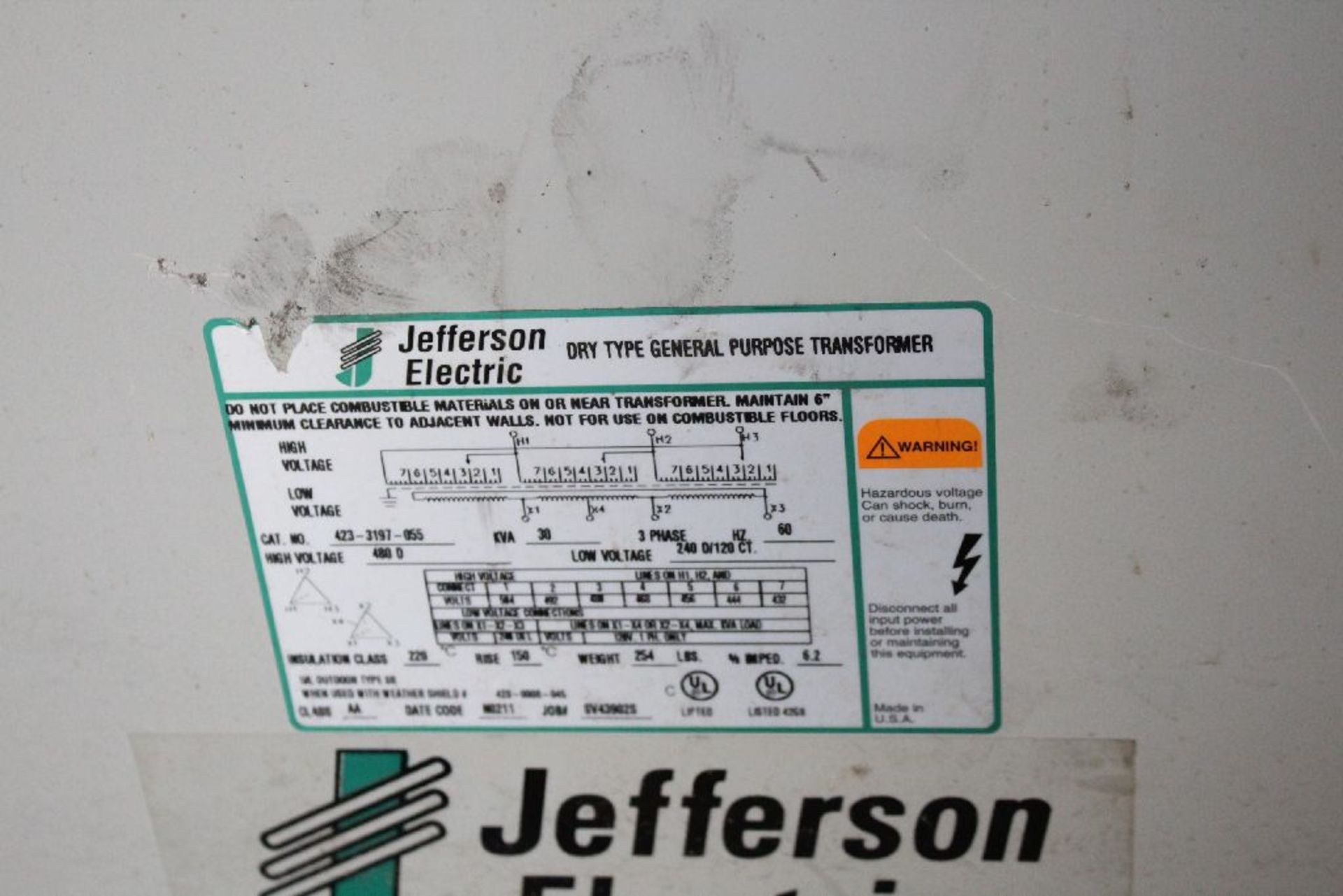 JEFFERSON ELECTRIC DRY TYPE GENERAL PURPOSE TRANSFORMER, CAT. NO. 423-3197-055, 30KVA, 3-PHASE, 60 - Image 2 of 2