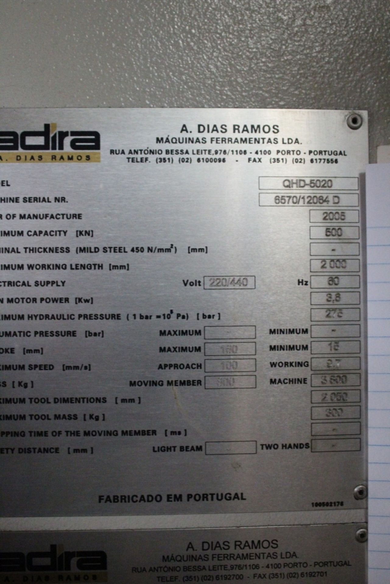 ADIRA MODEL QHD-5020 6' 6" 60 TON HYDRAULIC PRESS BRAKE S/N 6570-12064D (2005) WITH CYBELEC CNC - Image 3 of 4