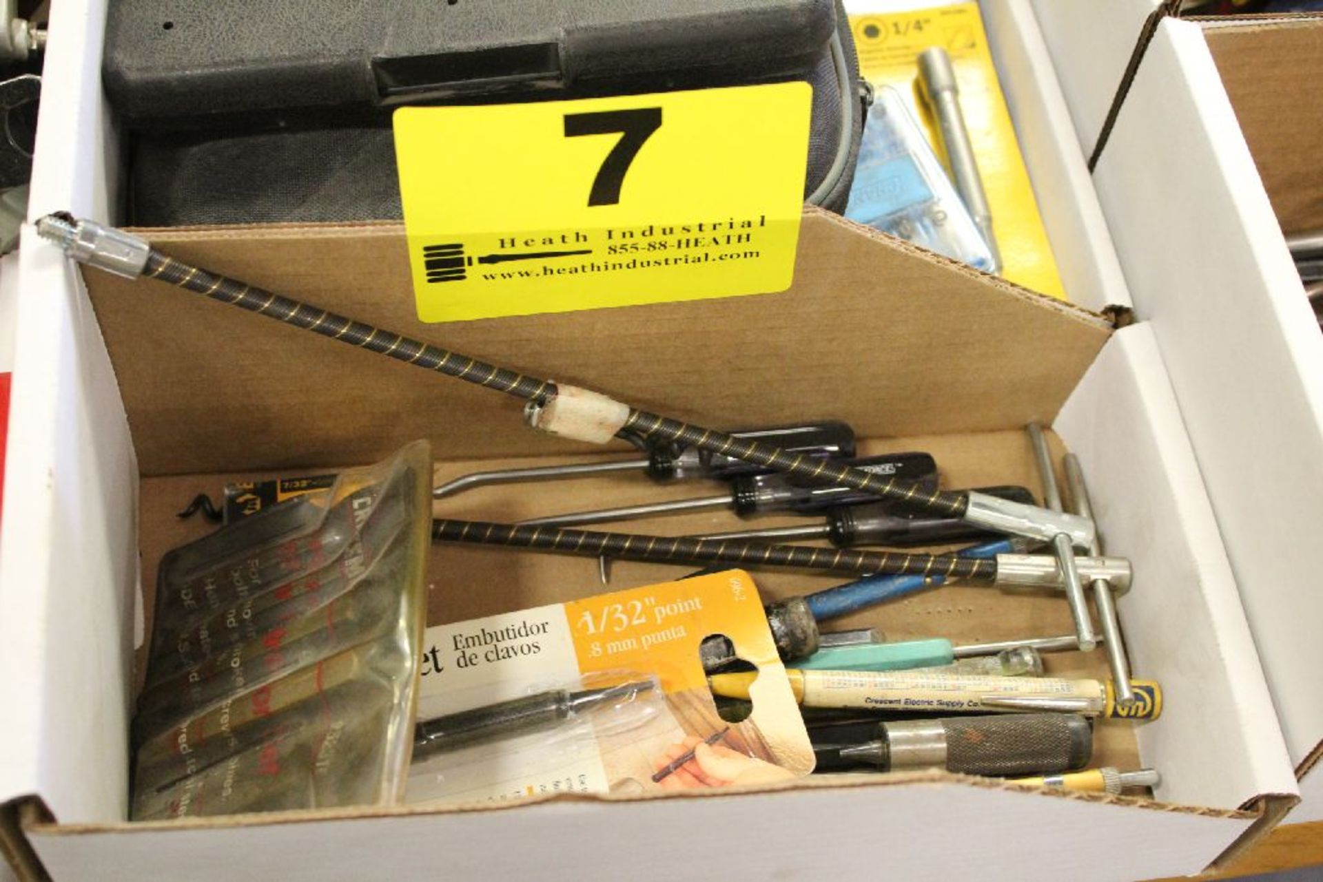 ASSORTED NAIL SETS, SCREW EXTRACTORS, AND HAND CRANK SCREWDRIVERS IN BOX
