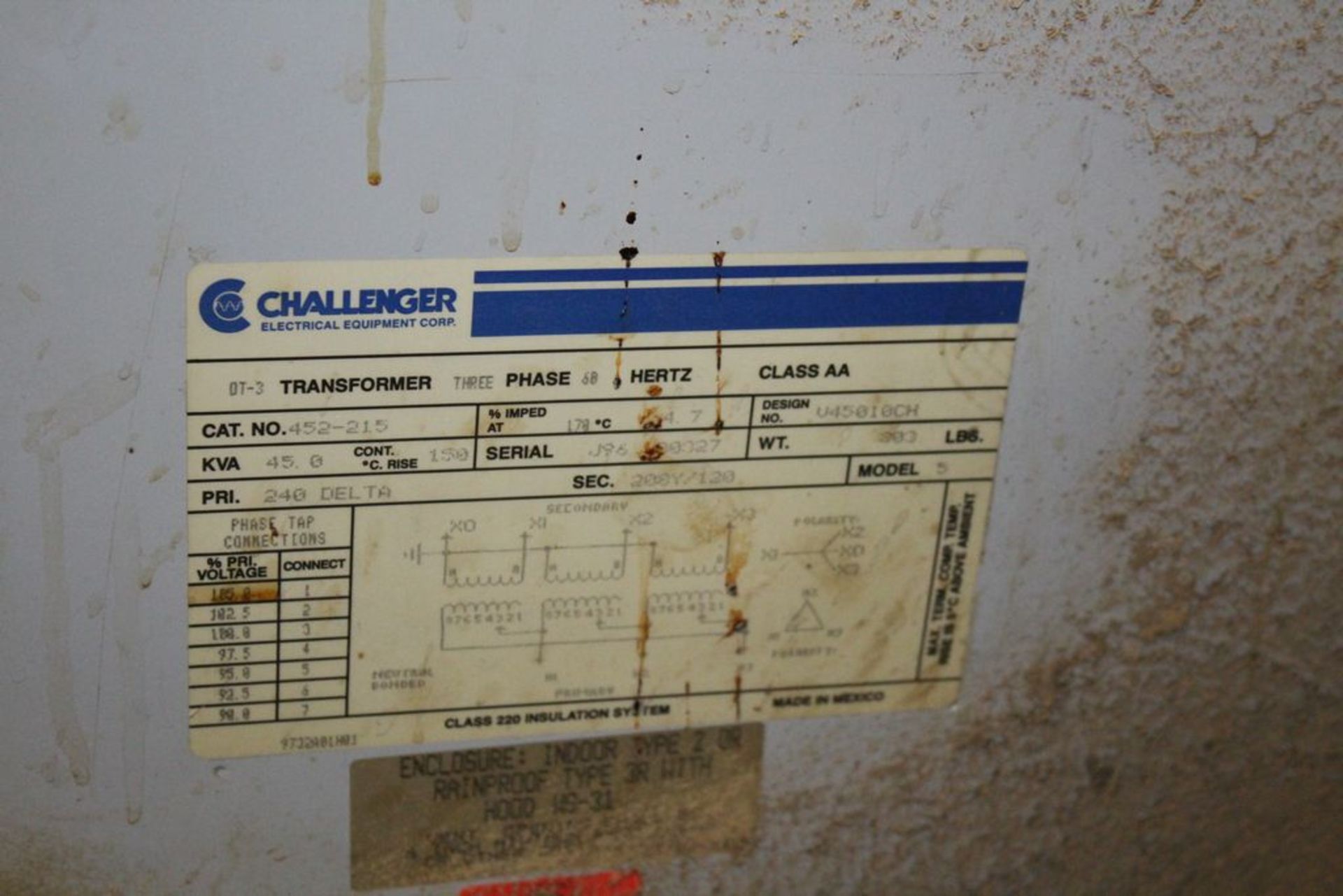 CHALLENGER DT-3 TRANSFORMER, CAT. NO. 452-215, 3-PHASE, 68 HERTZ, 45 KVA, PRIMARY 240 DELTA, - Image 2 of 2