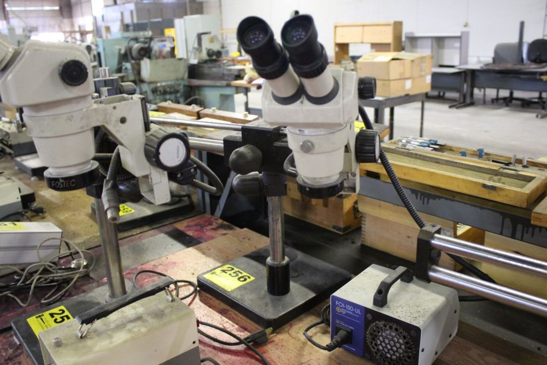NIKON INSPECTION STEREO MICROSCOPE WITH PENCO FOI-150-UL POWER SUPPLY, STAND AND FOSTEC LENSES