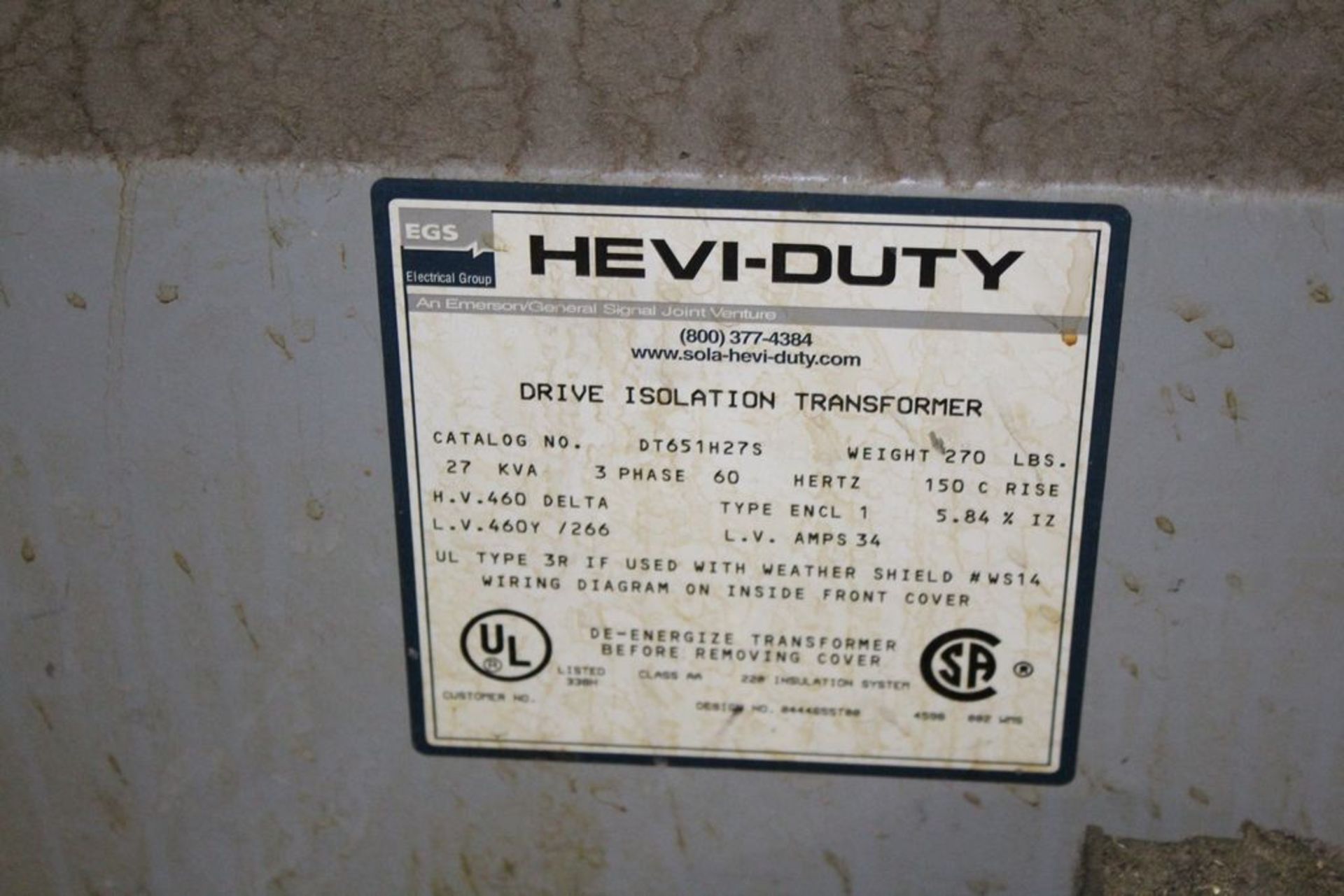 HEVI-DUTY DRIVE ISOLATION TRANSFORMER, CAT NO. DT651H275, 27 KVA, 3-PHASE, 60 HERTZ, HV 460 DELTA, - Image 2 of 2