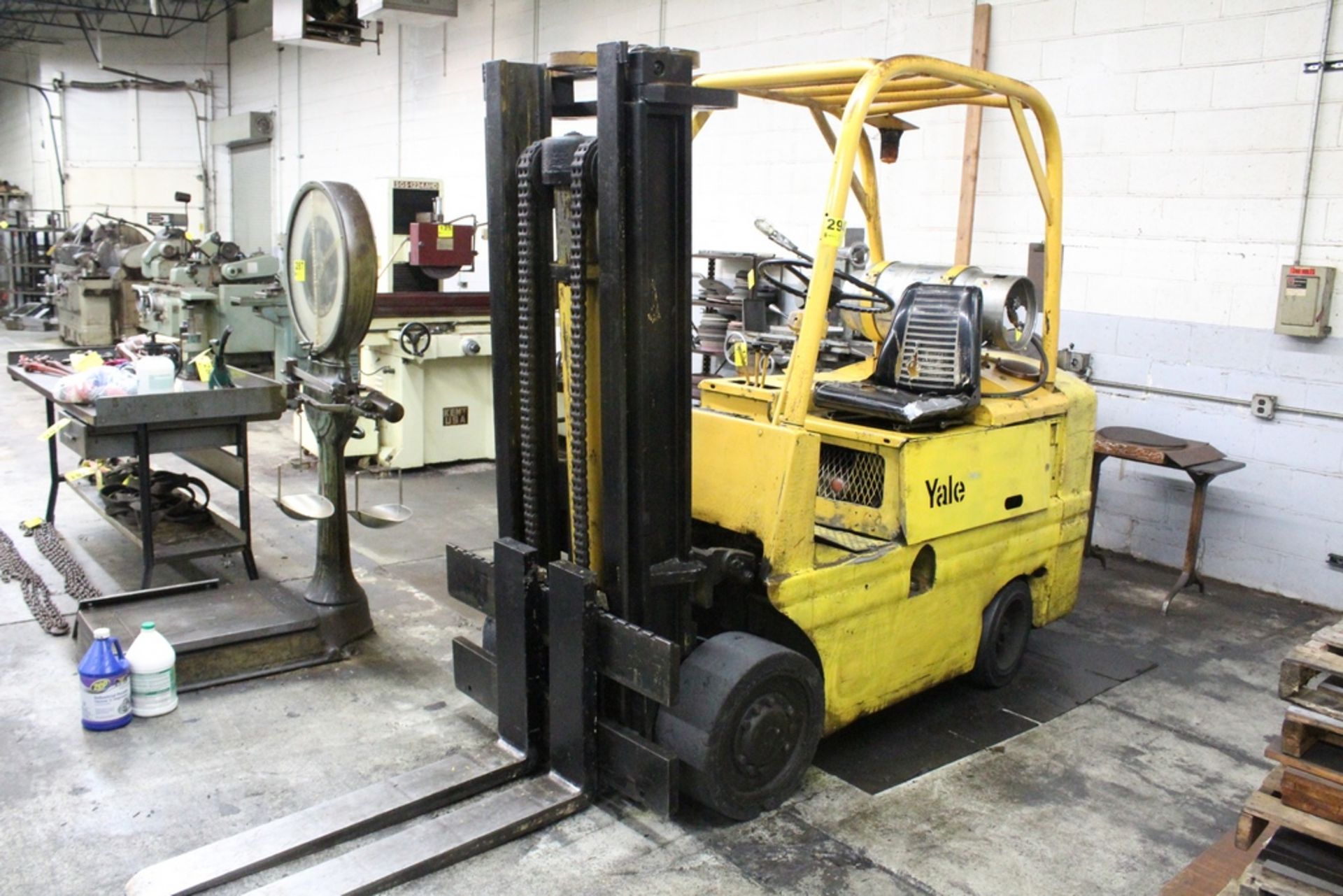 YALE 5,000 LB. APPROX. LP GAS FORKLIFT TRUCK, S/N N/A, TWO STAGE MAST, SOLID TIRES, OPERATORS GUARD