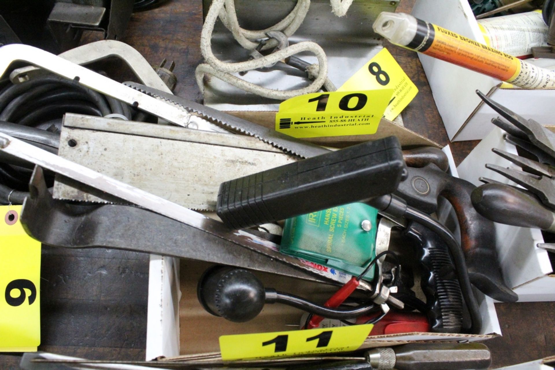 ASSORTED SAWS, PRY BAR, LIGHT, MISC IN BOX