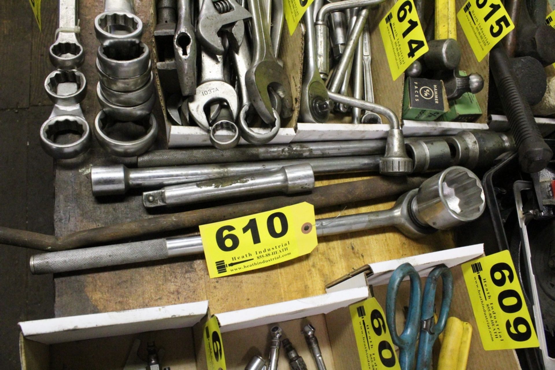ASSORTED LARGE SOCKETS, RACHET WRENCHES AND ACCESSORIES