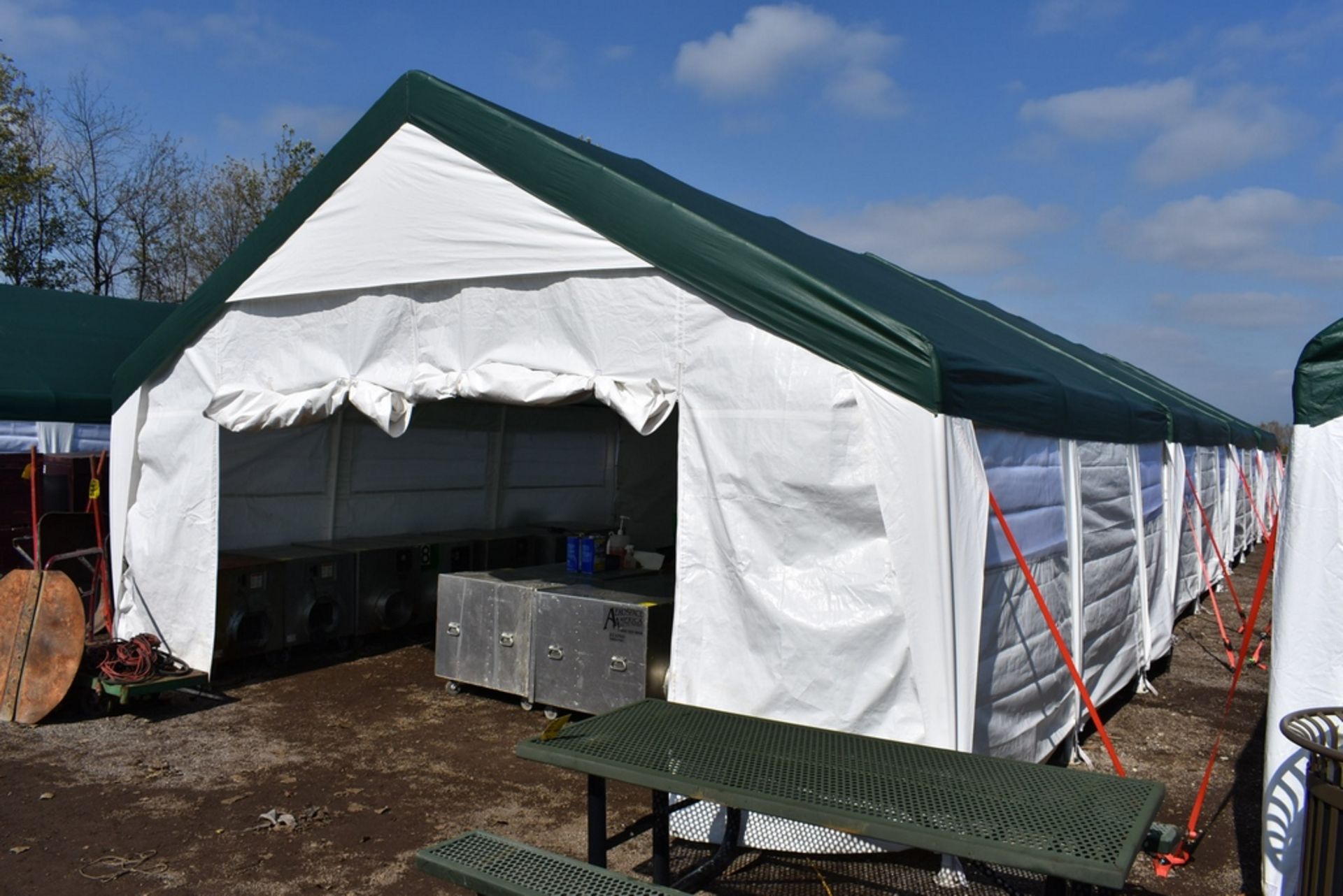 WEATHER FAST 20'X20'X12' EVENT TENTS W/FULL VALANCE FITTED COVER, 8 FOOT PLATES, 2" DIA. STEEL