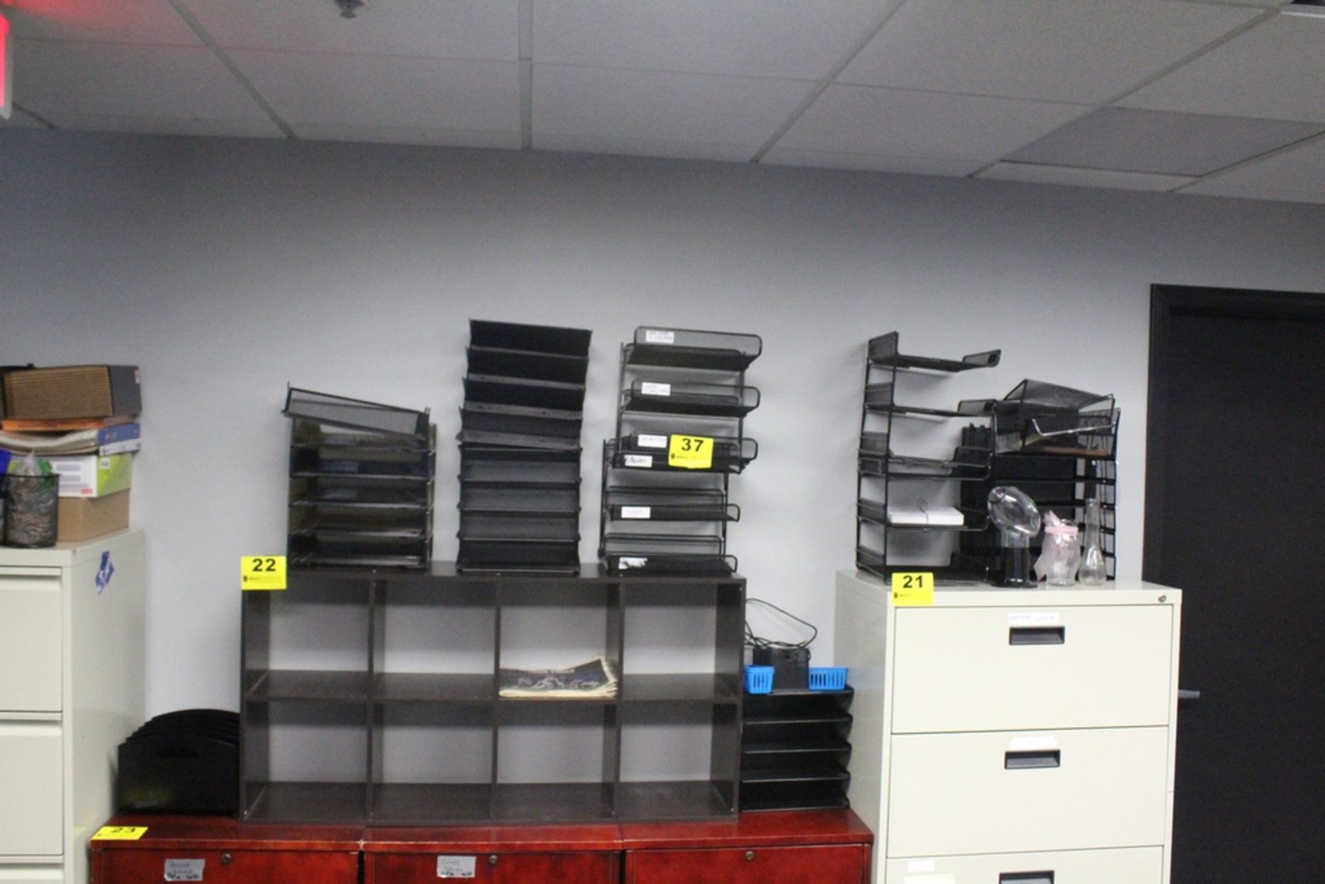 ASSORTED FILE RACKS AND OFFICE SUPPLIES