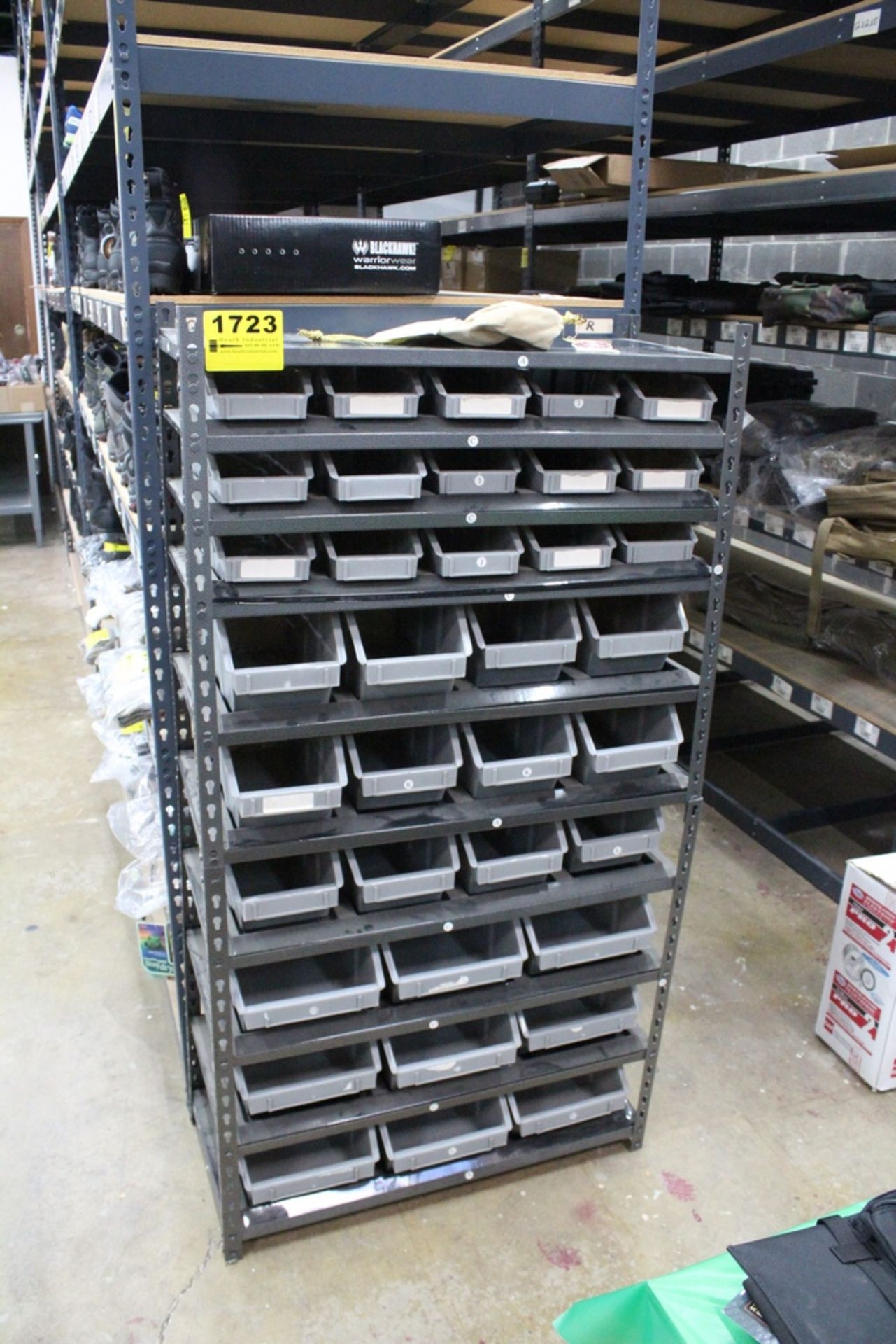 STEEL SHELVING UNIT, 62" X 33" X 16" WITH 36 PARTS TRAYS