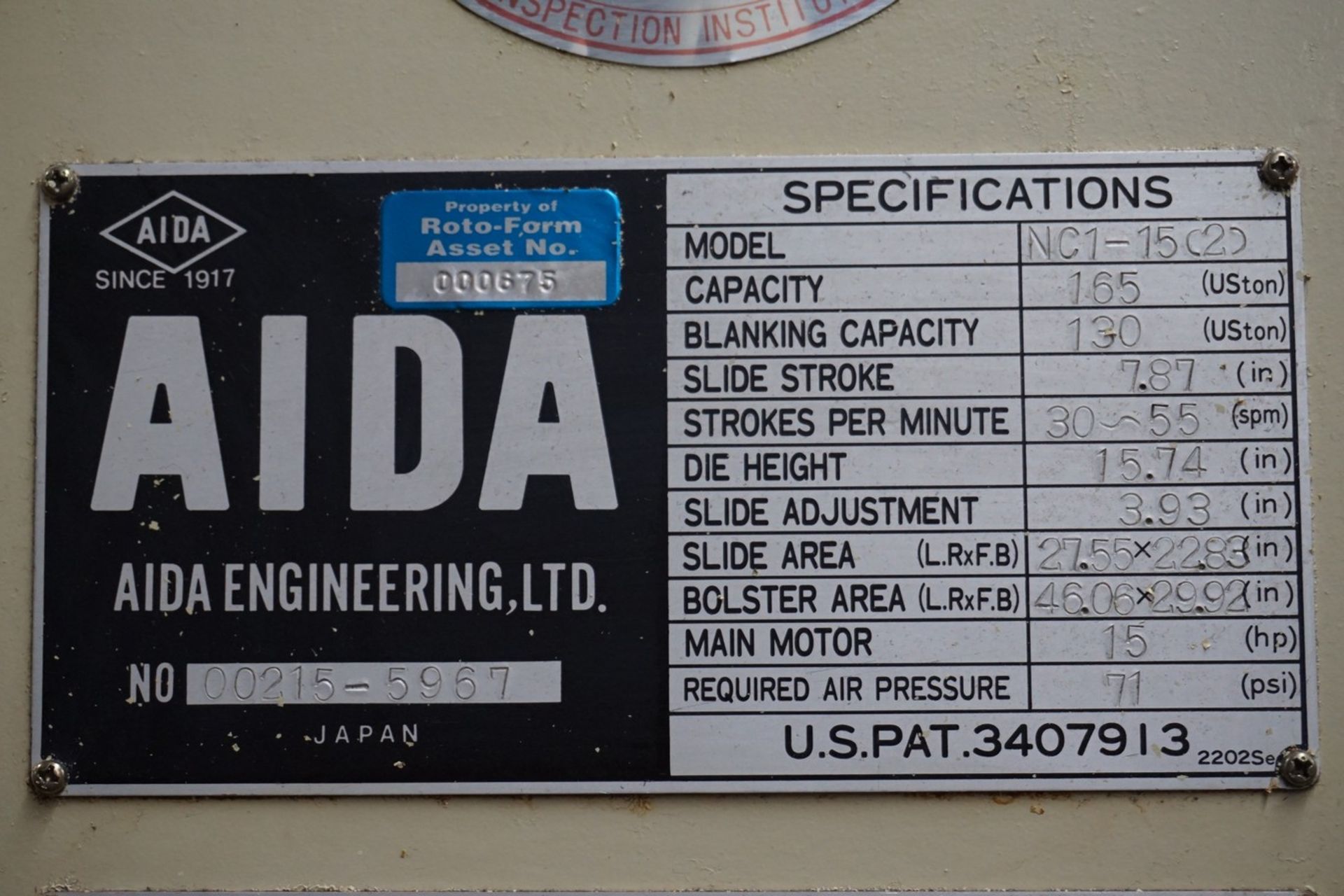 Aida Model NC1-150 165 Ton Single Point Gap Frame Press (P61) - Image 10 of 10