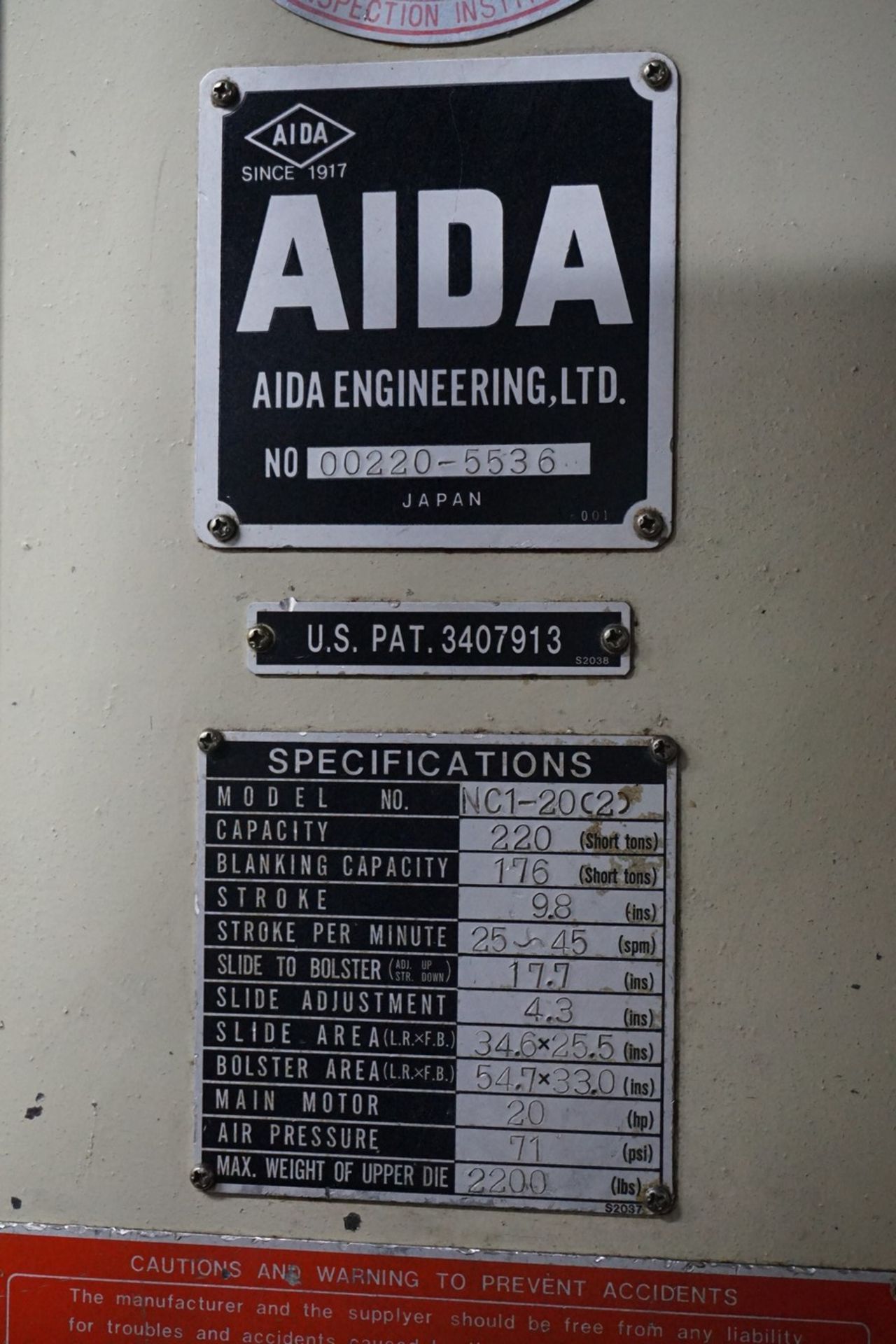 Aida Model NC1-200 220 Ton Gap Frame Press (P17) - Image 8 of 8