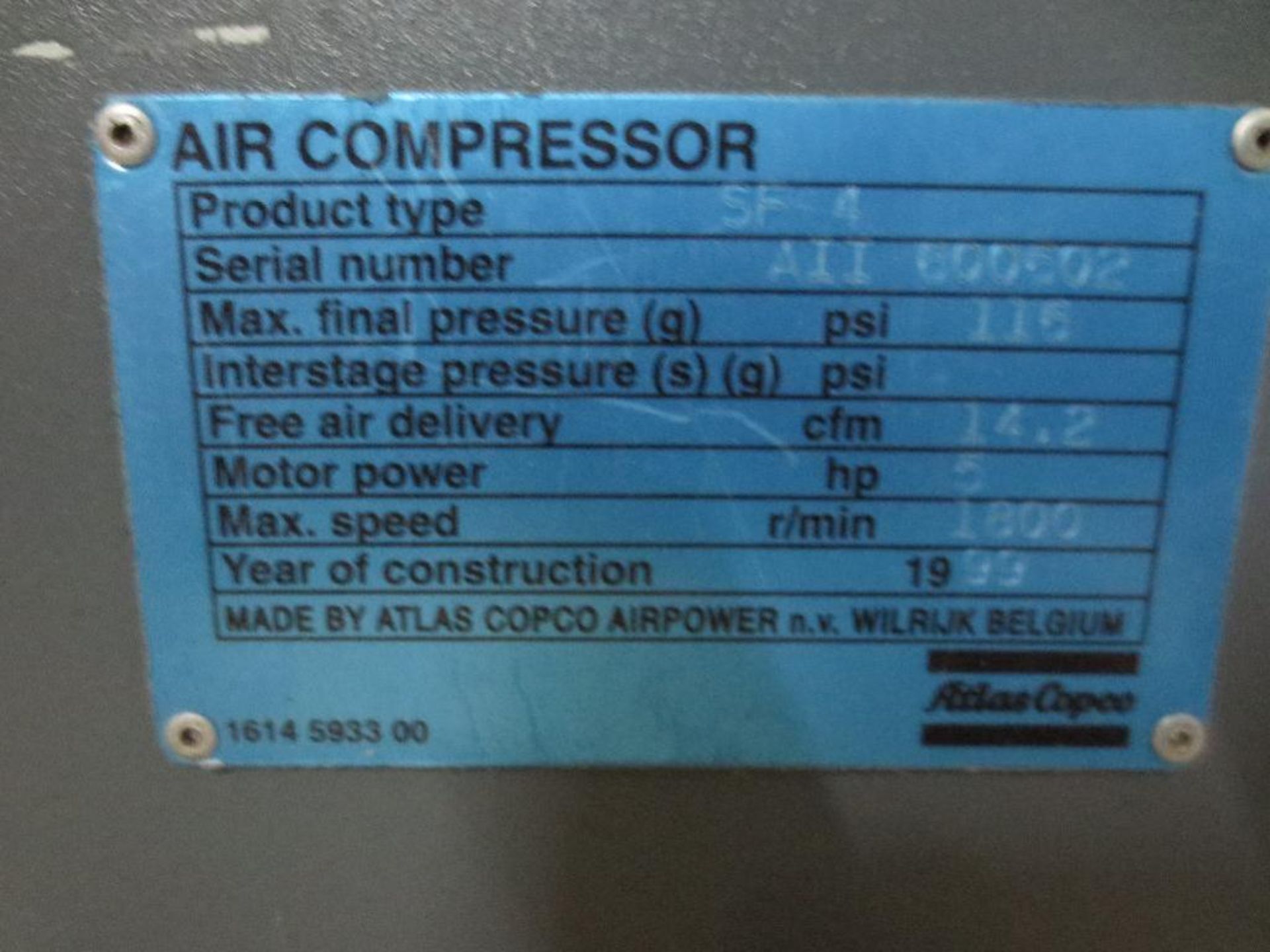 Atlas Copco air compressor and tank 5hp 14.2 cfm air delivery Mfg. date 1999 - Image 4 of 5