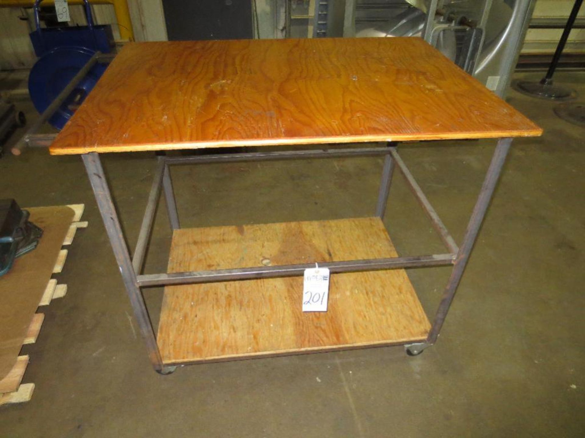 Steel frame with wood top & bottom rolling shop cart