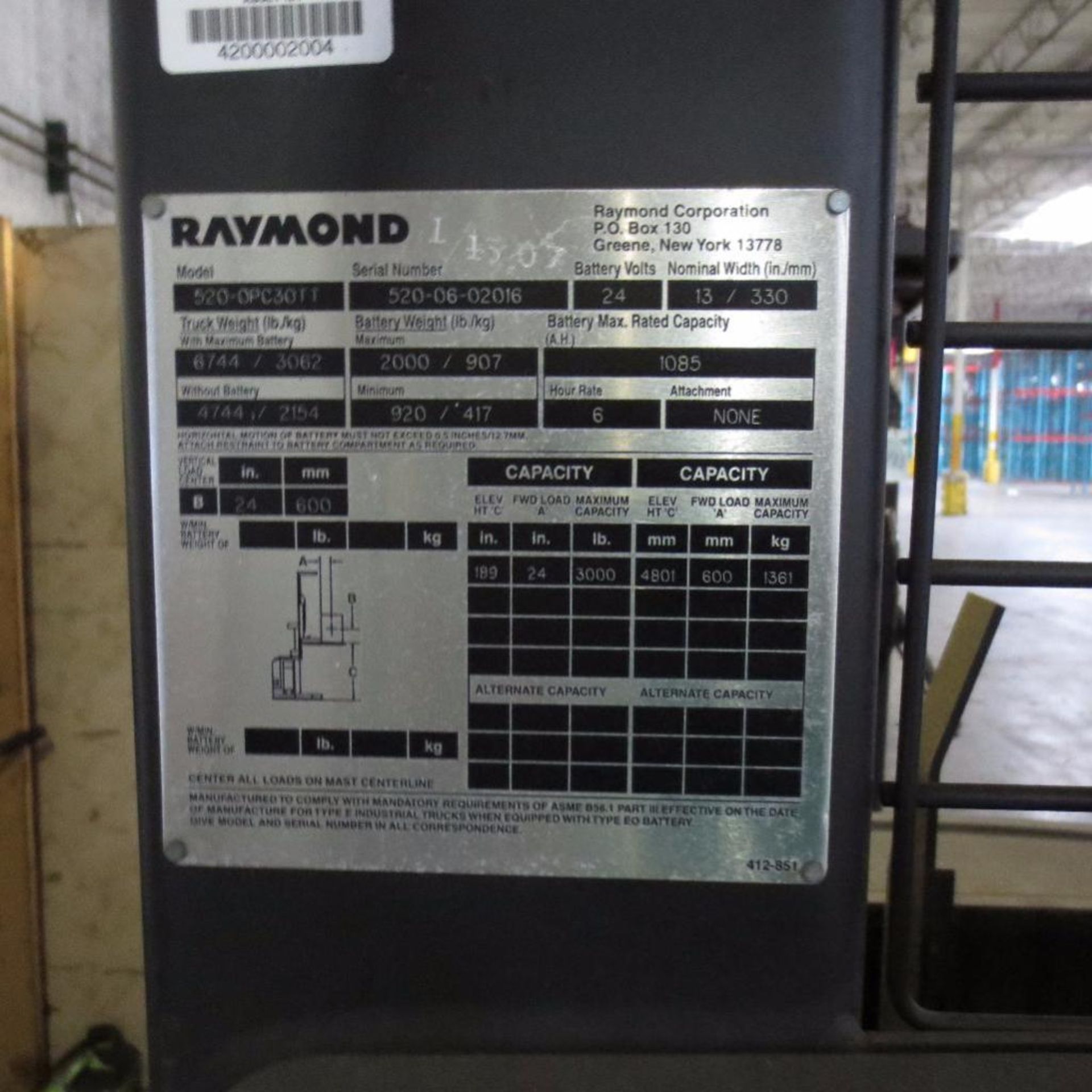 Raymond 3000 LB Cap. Order Picker, 24 Volt, Model 520-0PC30TT, Loc in Repair Area - Image 3 of 3