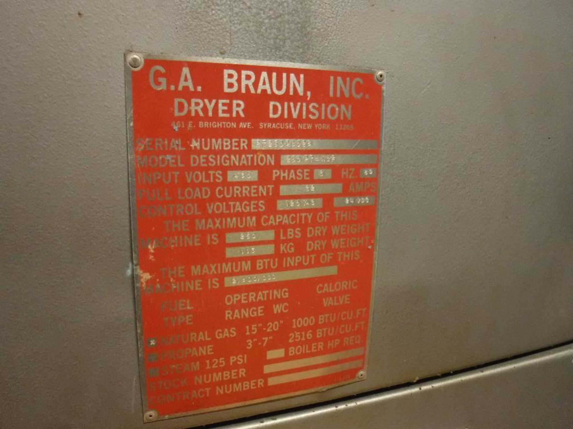 Braun Dryer Model 25 CPT-NGF, 480/3/60, 250# Dry Capacity, 280,000 BTU, Serial# PT 25098026 - Image 4 of 4