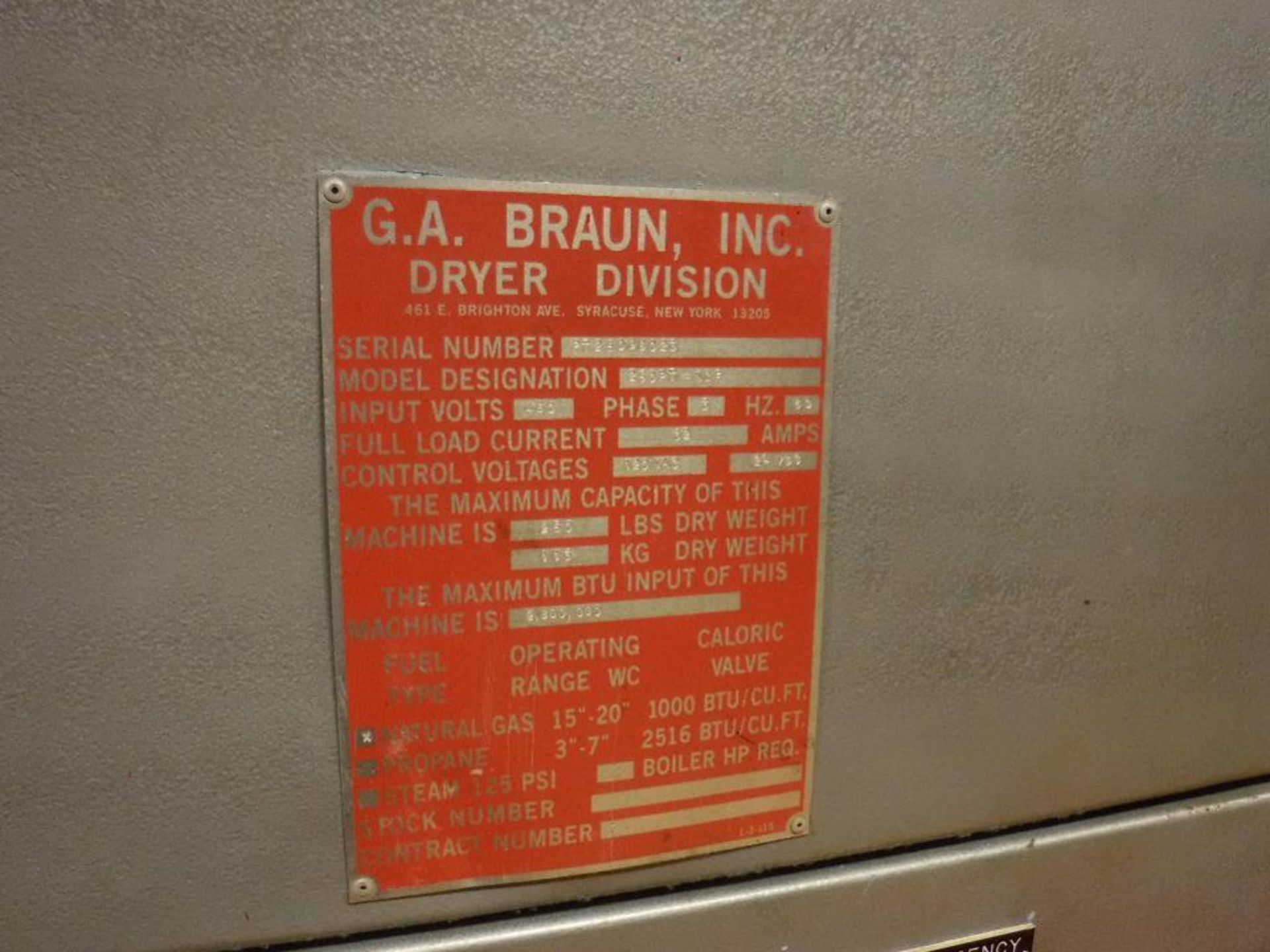 Braun Dryer Model 25 CPT-NGF, 480/3/60, 250# Dry Capacity, 280,000 BTU, Serial# PT 25098023 - Image 3 of 3