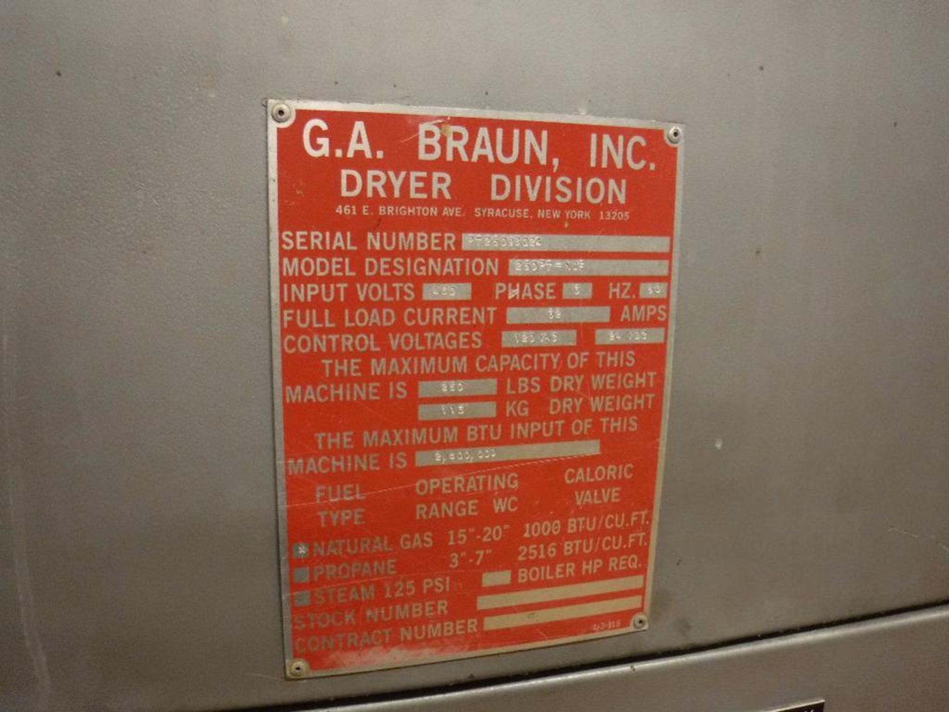 Braun Dryer Model 25 CPT-NGF, 480/3/60, 250# Dry Capacity, 280,000 BTU, Serial# PT 25098024 - Image 5 of 5