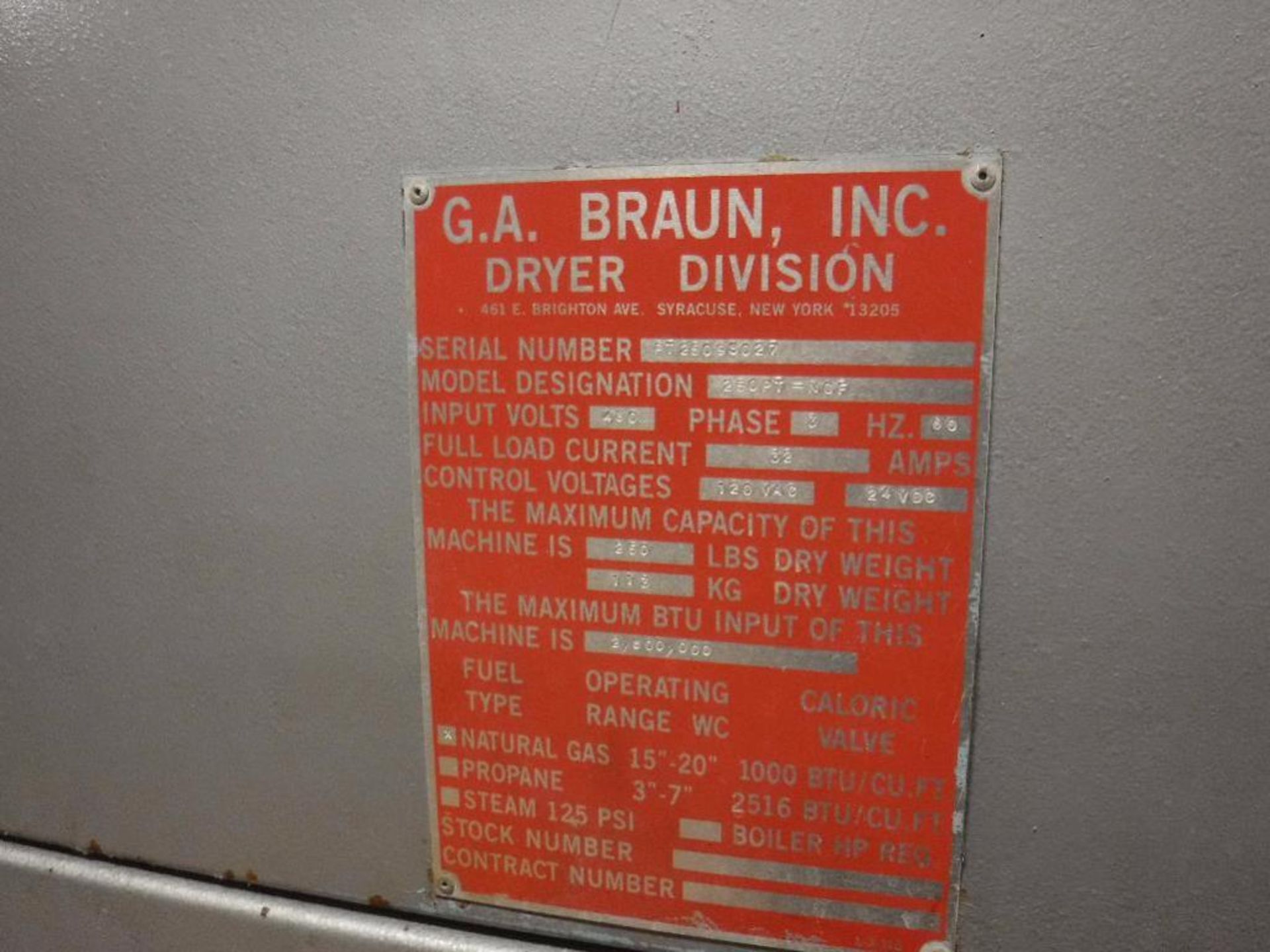 Braun Dryer Model 25 CPT-NGF, 480/3/60, 250# Dry Capacity, 280,000 BTU, Serial# PT 25098027 - Image 5 of 5