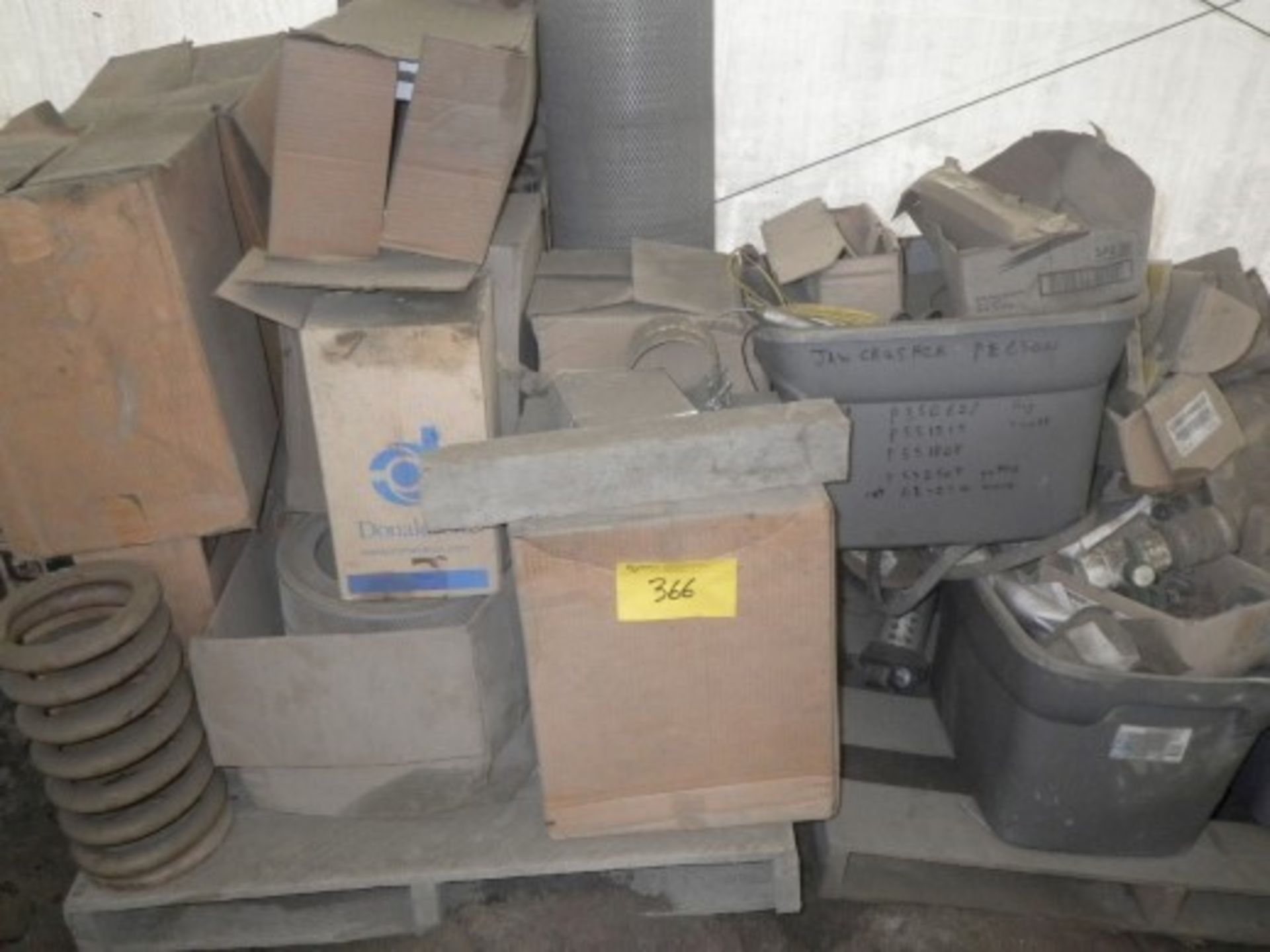 Pallet of Fasteners, Coil Spring, Qty. of Used Air Filters, Qty. of Round Ducting, and Misc.