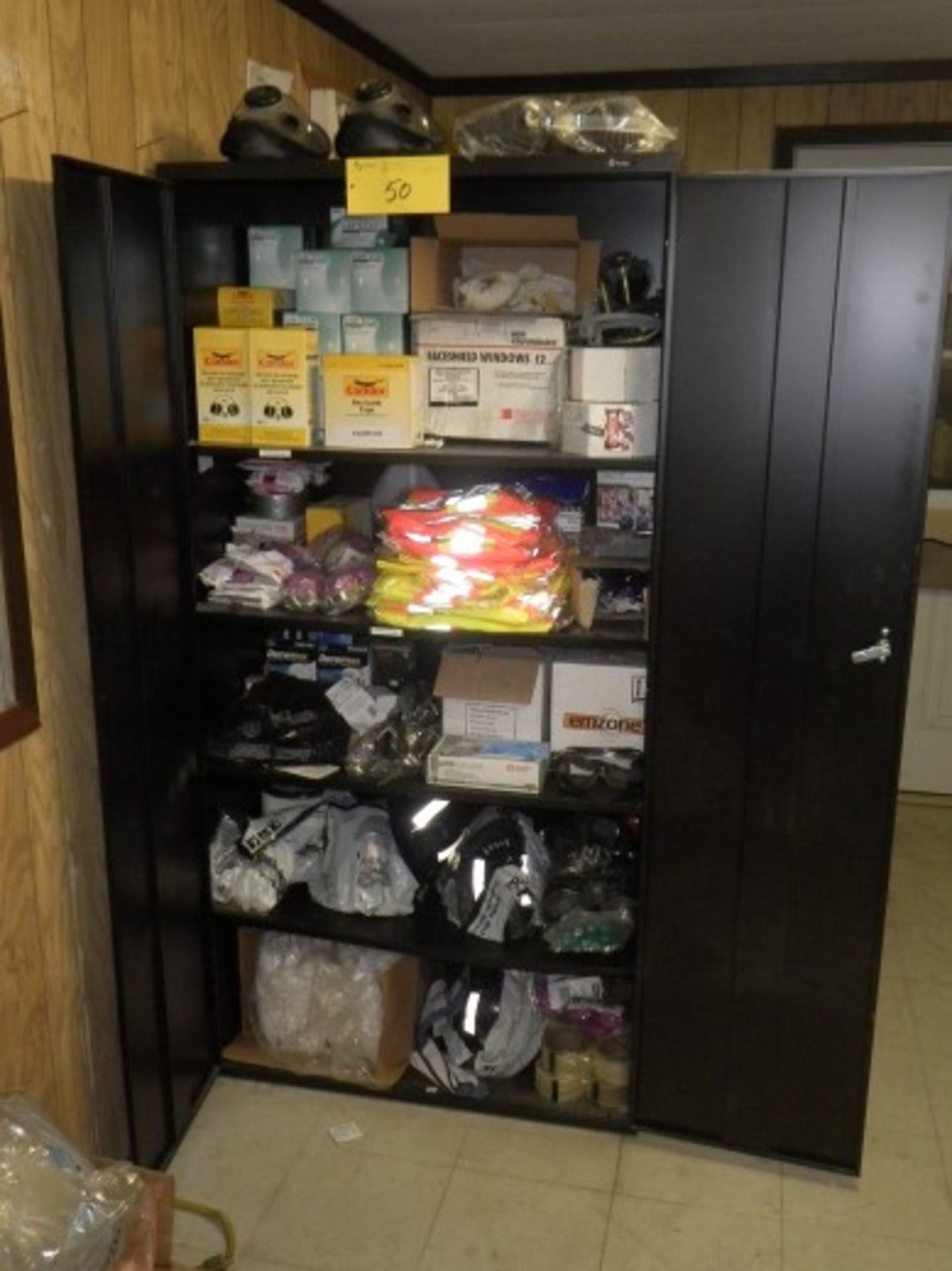 Safety Cabinet & Contents including Respiration Masks, Barricade Tape, Misc. \Wipes, Gloves,