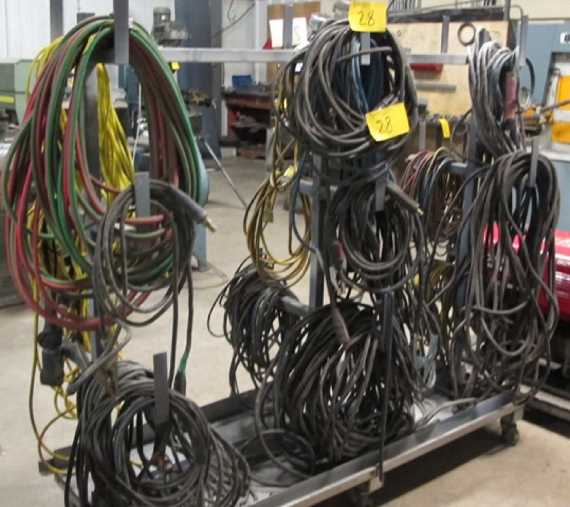 LOT ASST. WELDING LEADS, GROUNDS, EXTENSION CORDS, ETC. W/PORTABLE CART