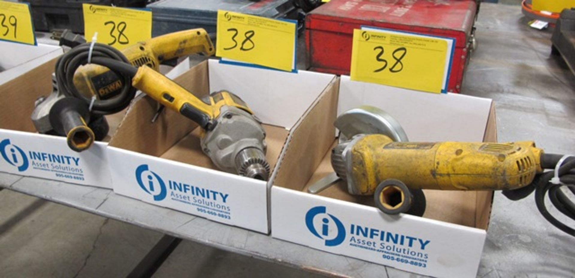 LOT 3 ASST. 1-DEWALT DW130V, 1/2" DRILL, 1-DW831 5", D28402 4-1/2" ANGLE GRINDERS, ETC. (3 BOXES)