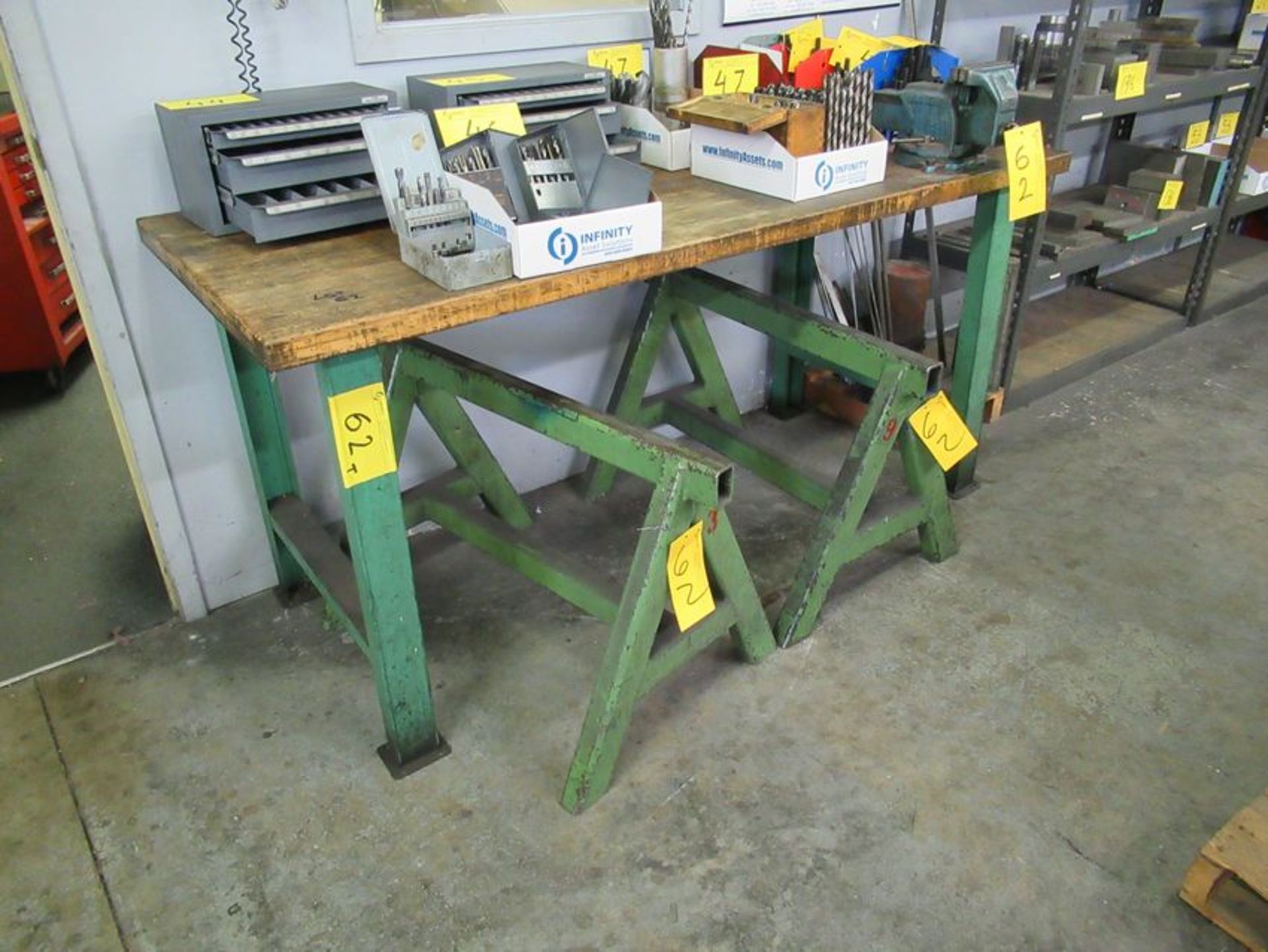 MAPLE TOP & GREEN STEEL 30"X72" WORK BENCH W/6" BENCH VISE (DELAYED DELIVERY)