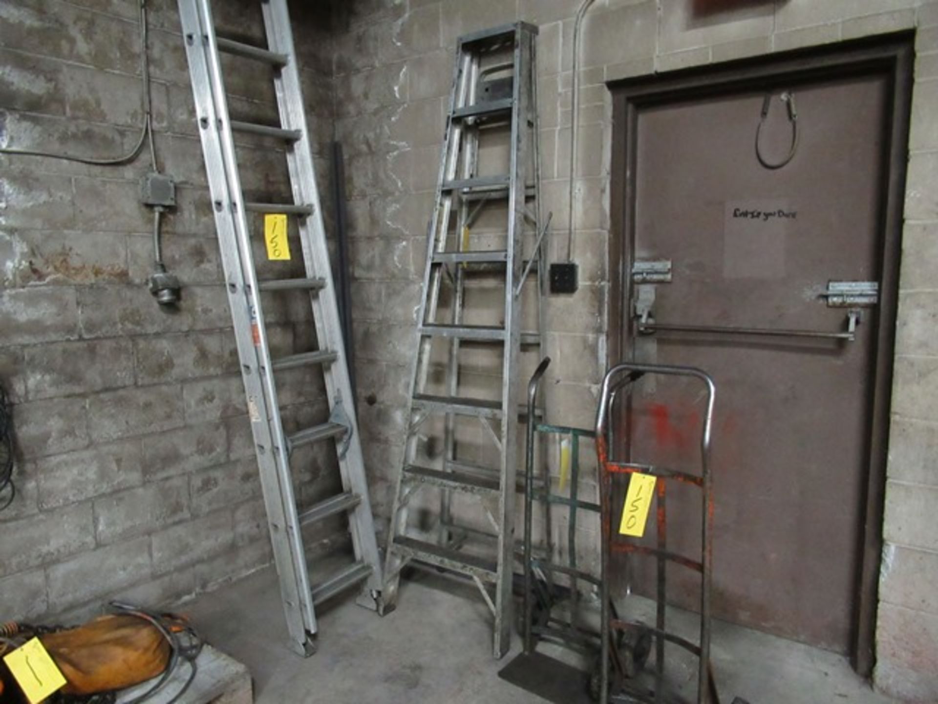 LOT 2 ASST. REYNOLDS 28" EXTENSION, 8' STEP LADDERS W/2-2 WH. HAND CARTS