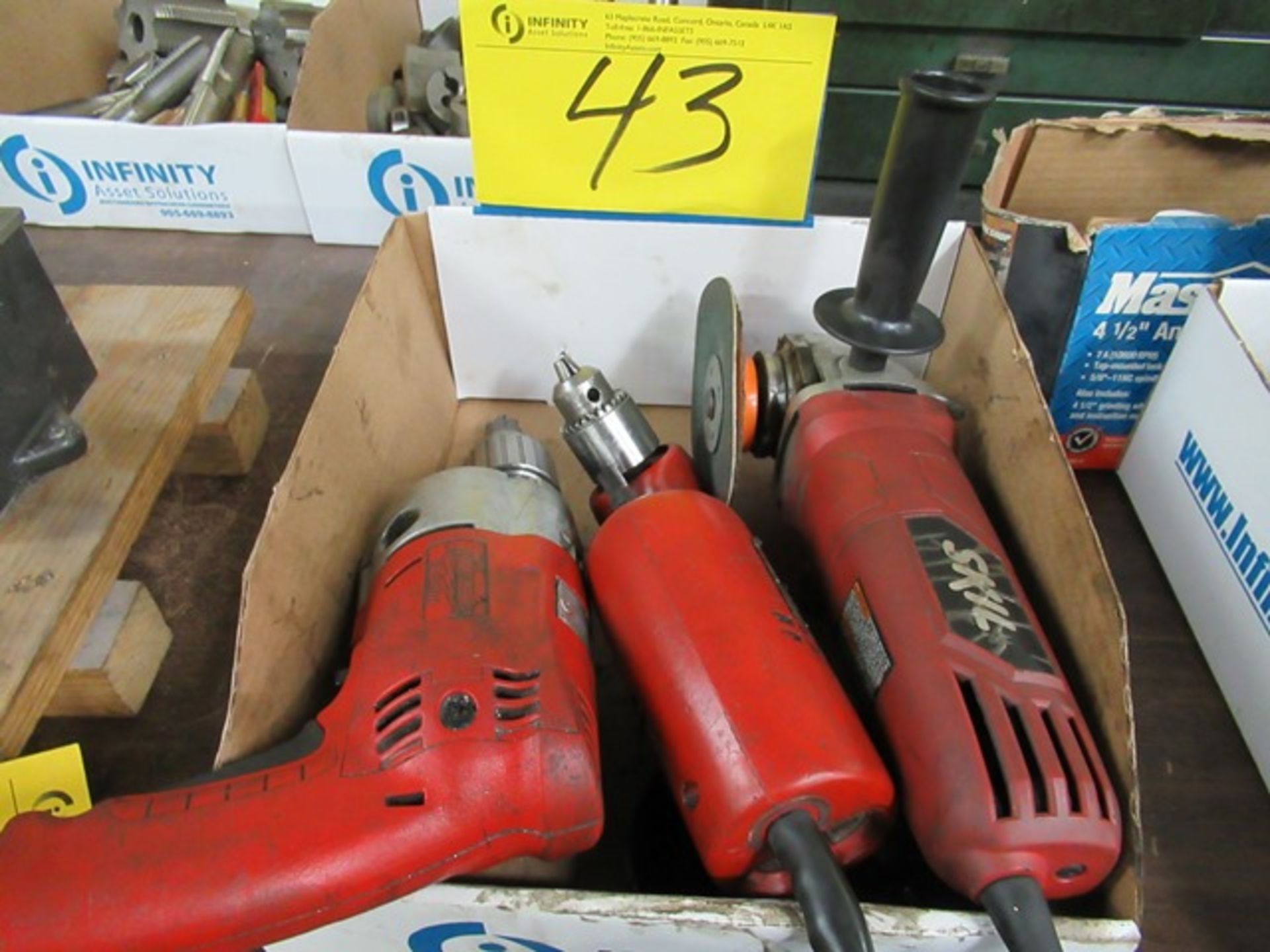 LOT 3 ASST. MILWAUKEE 1/2" DRILL, SKIL ANGLE GRINDER, ANGLE DRILL (1 BOX)