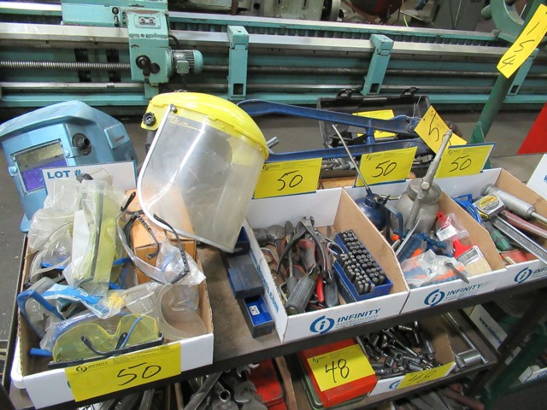LOT ASST. SAFETY GLASSES, LETTER & NUMBER SETS, HAND TOOLS, W/ RECORD BOLT CUTTERS, PIPE WRENCH,
