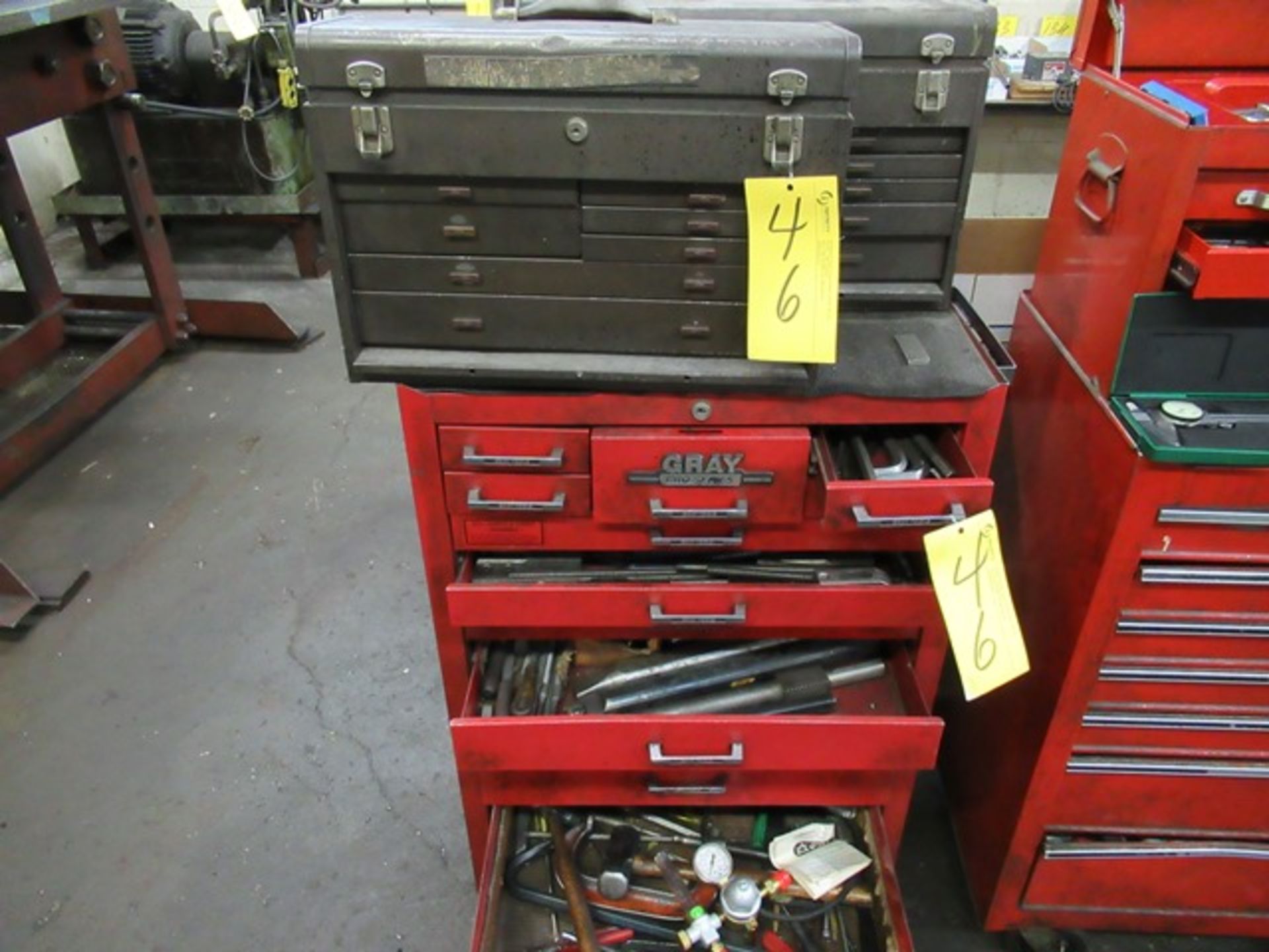 LOT ASST. GRAY PRO-SERIES 12 DR. PORTABLE TOOL CABINET W/2-KENNEDY TOOL BOXES & CONTENTS