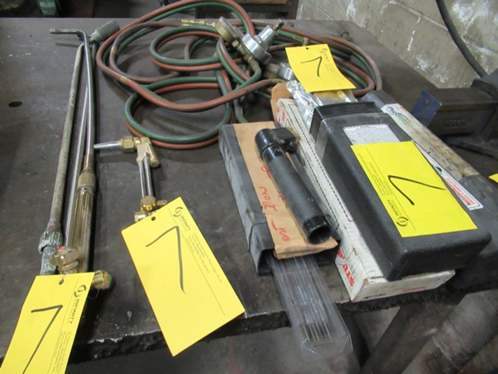 LOT ASST. ACETYLENE TORCH SET W/TORCH HEADS, WELDING ROD, ETC.