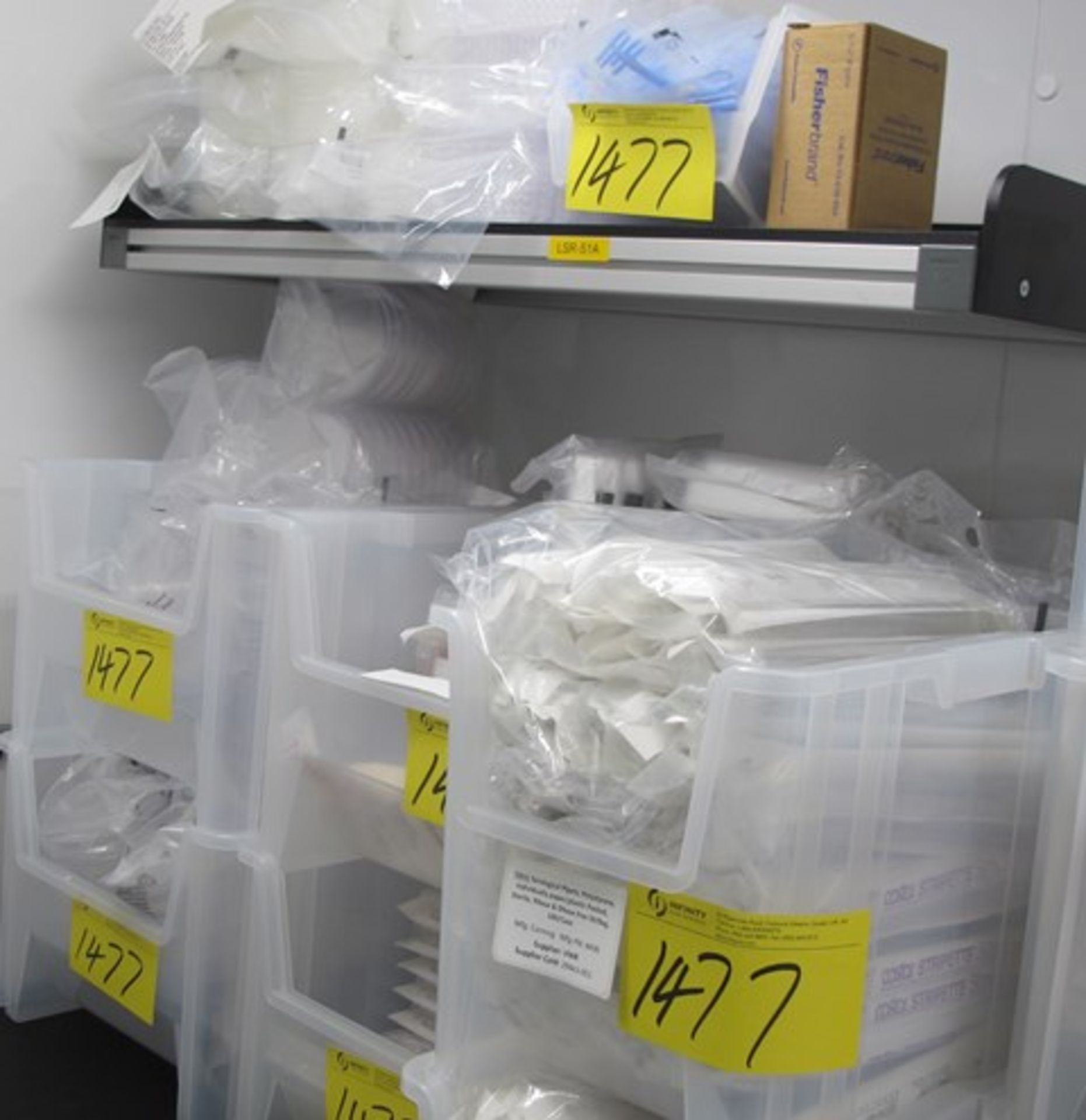 LOT ASST. 50ML PIPETTES, WELL LIDS, CRYOGENIC VIALS, CULTURE DISHES, ETC. (6 BINS) (WALK-IN COOLER)