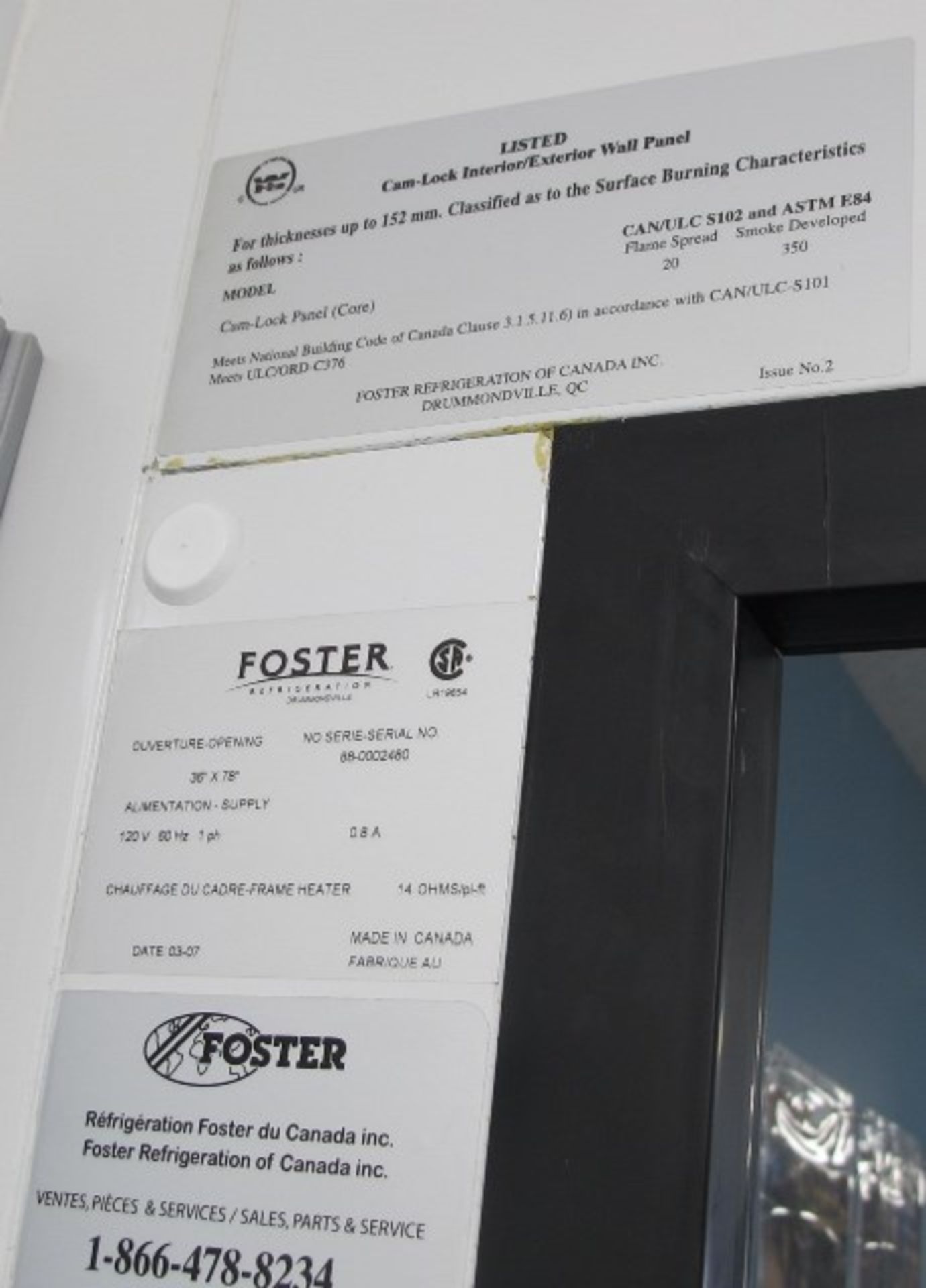 FOSTER MOD. CAM-LOC PANEL 9'X7' APPROX. WALK-IN COOLER W/CANTROL ENVIROMENTAL CONTROL, ETC. S/N: - Image 3 of 4