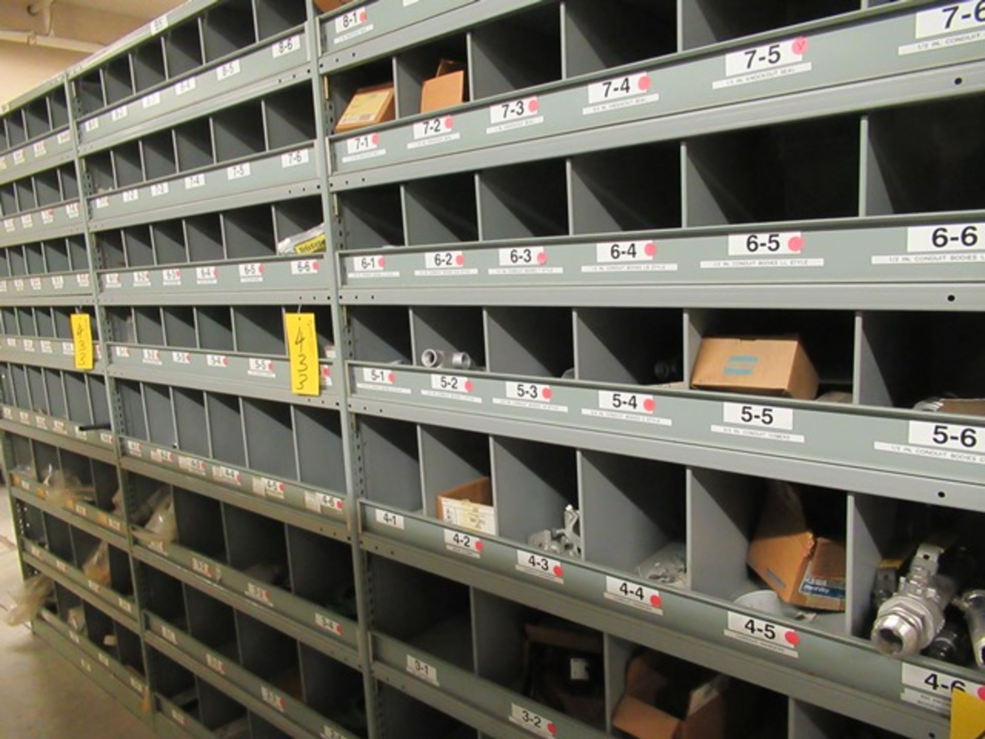 LOT ASST. ELECTRICAL FITTINGS, CONDUIT BODIES, PARTS, ETC. 3 SECTIONS SHELVING (M-S)