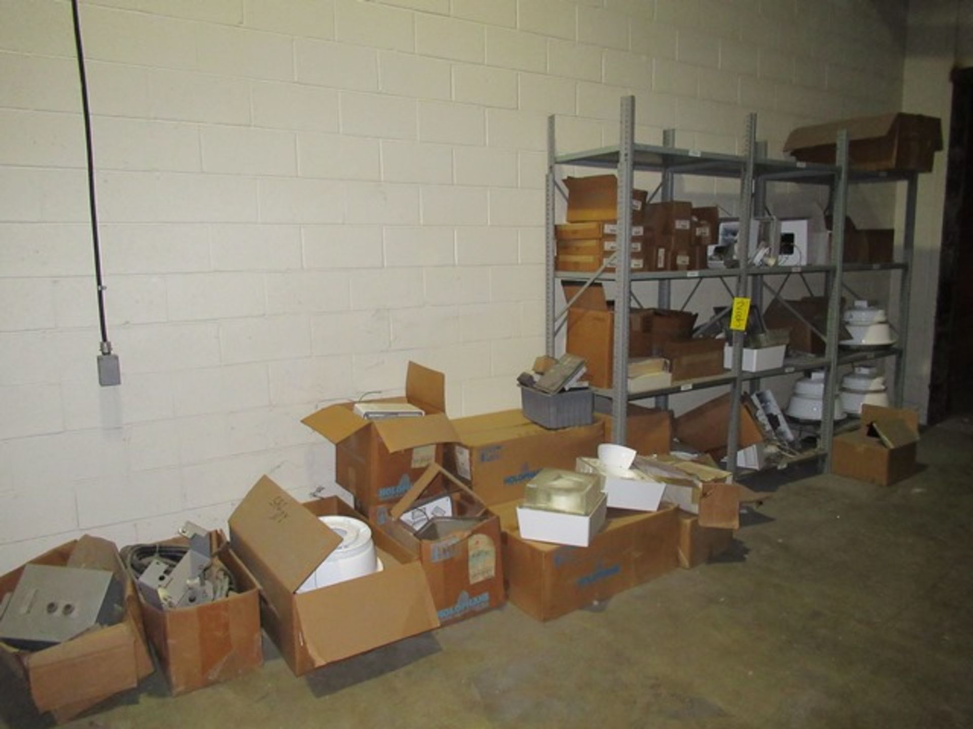 LOT ASST. GE SAFETY SWITCHES, BOXES, LIGHTS, WIRE, ETC. W/RACKS & SHELVING (MSELECR) - Image 2 of 4