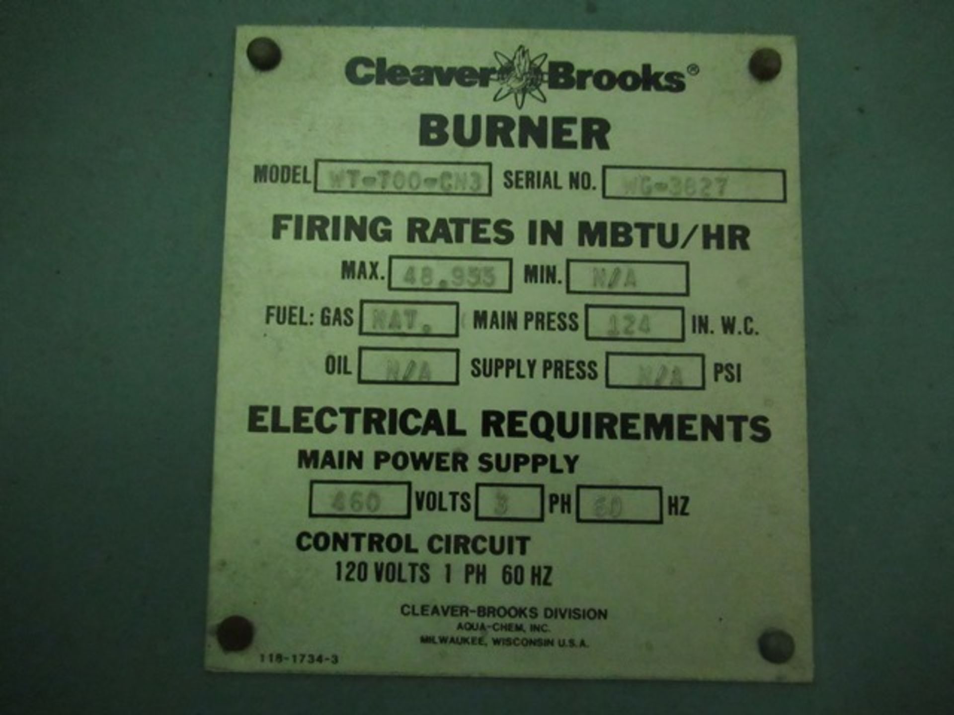 CLEAVER BROOKS WT-700-CN-3 44,000# PER HR. WOOLER TUBE BOILER W/CU9500170 BOILER MATE ECONOMIZER, - Image 3 of 6