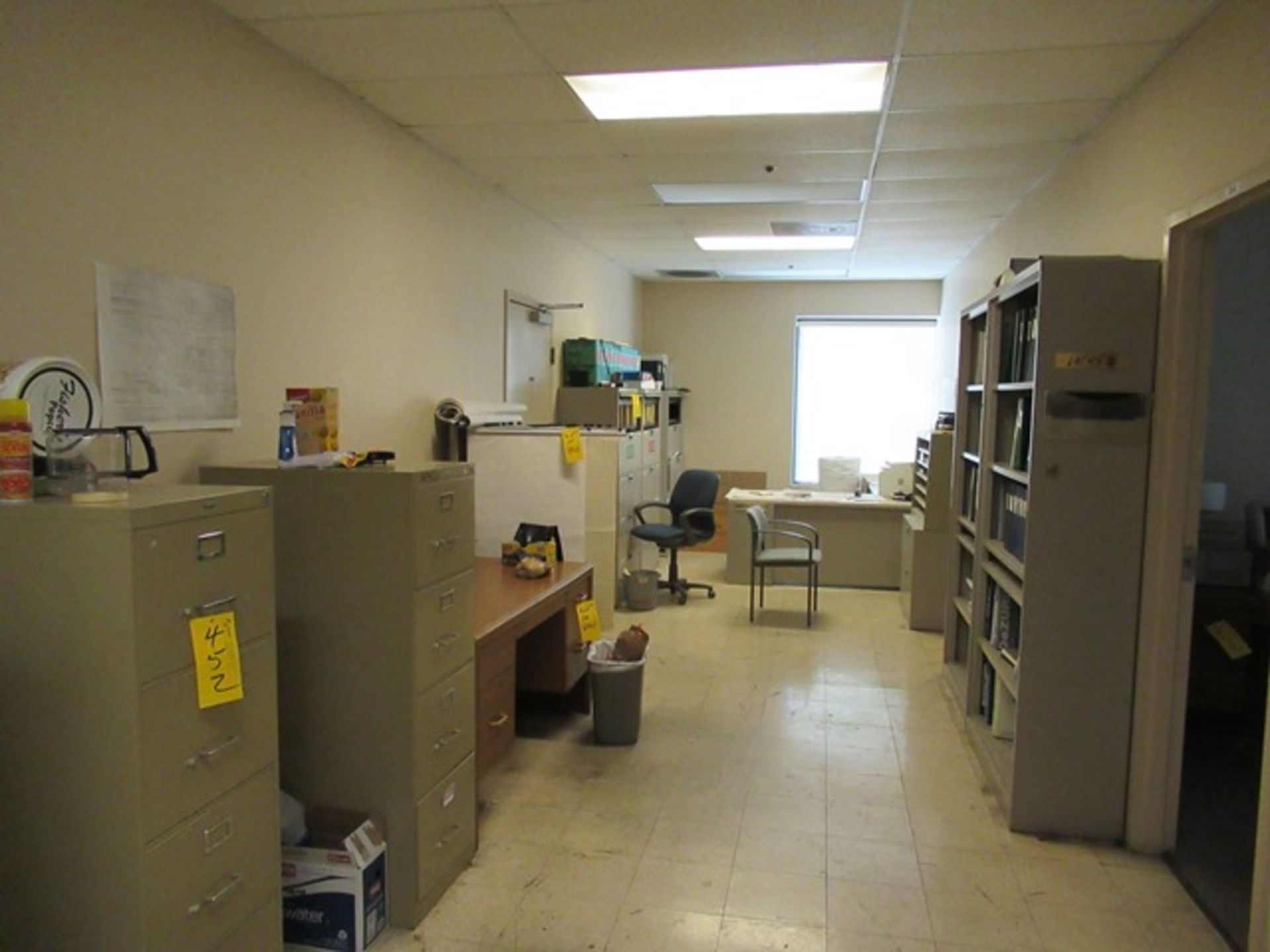 LOT ASST. OFFICE FURNITURE - DESKS, CHAIRS, BOOKCASES, ETC. (NO FRIDGE, MICROWAVE (IN MAINTENANCE