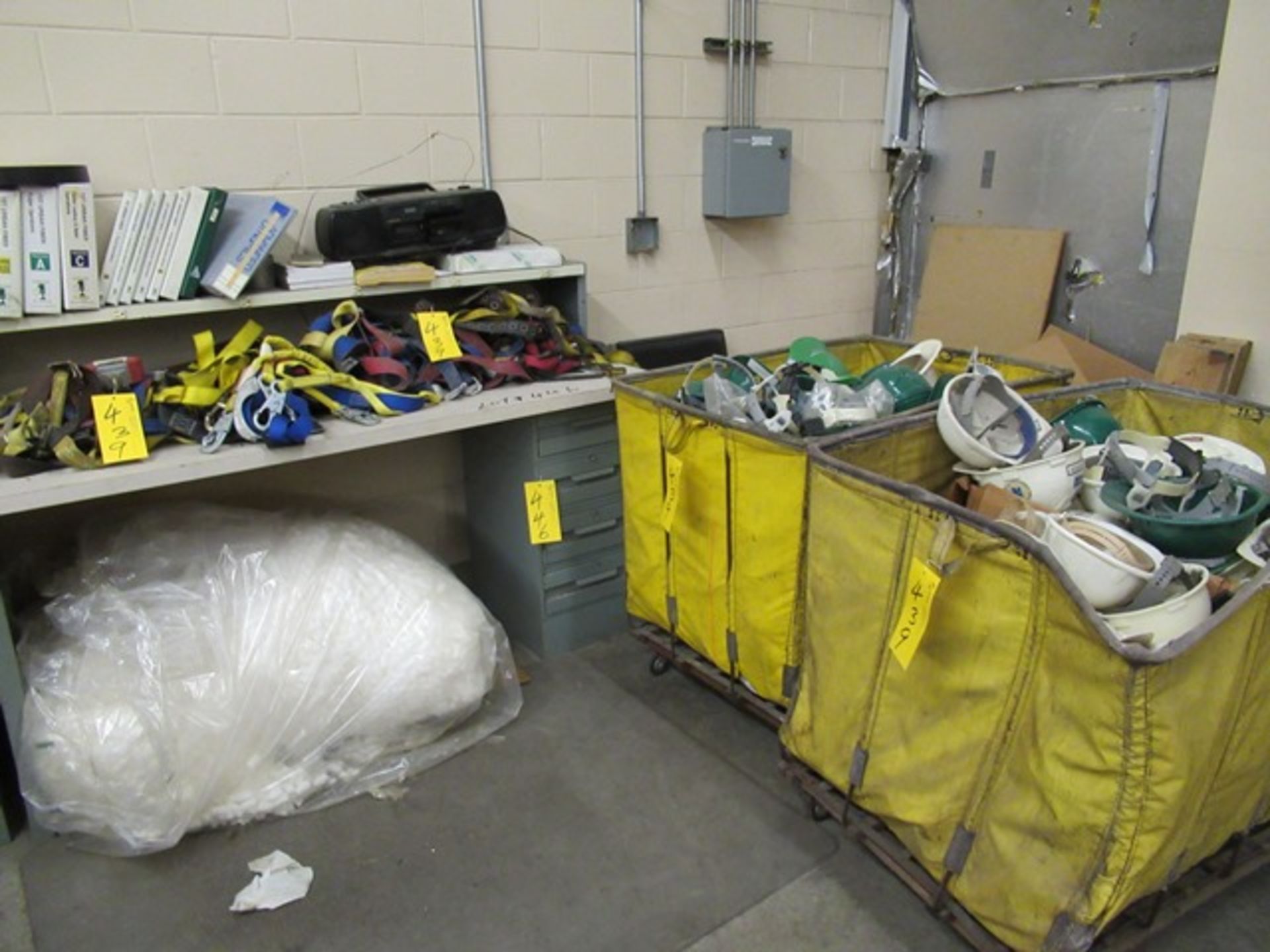 LOT ASST. HARD HATS, SAFETY HARNESS, ETC. W/2 PORTABLE HAMPERS (M-S)