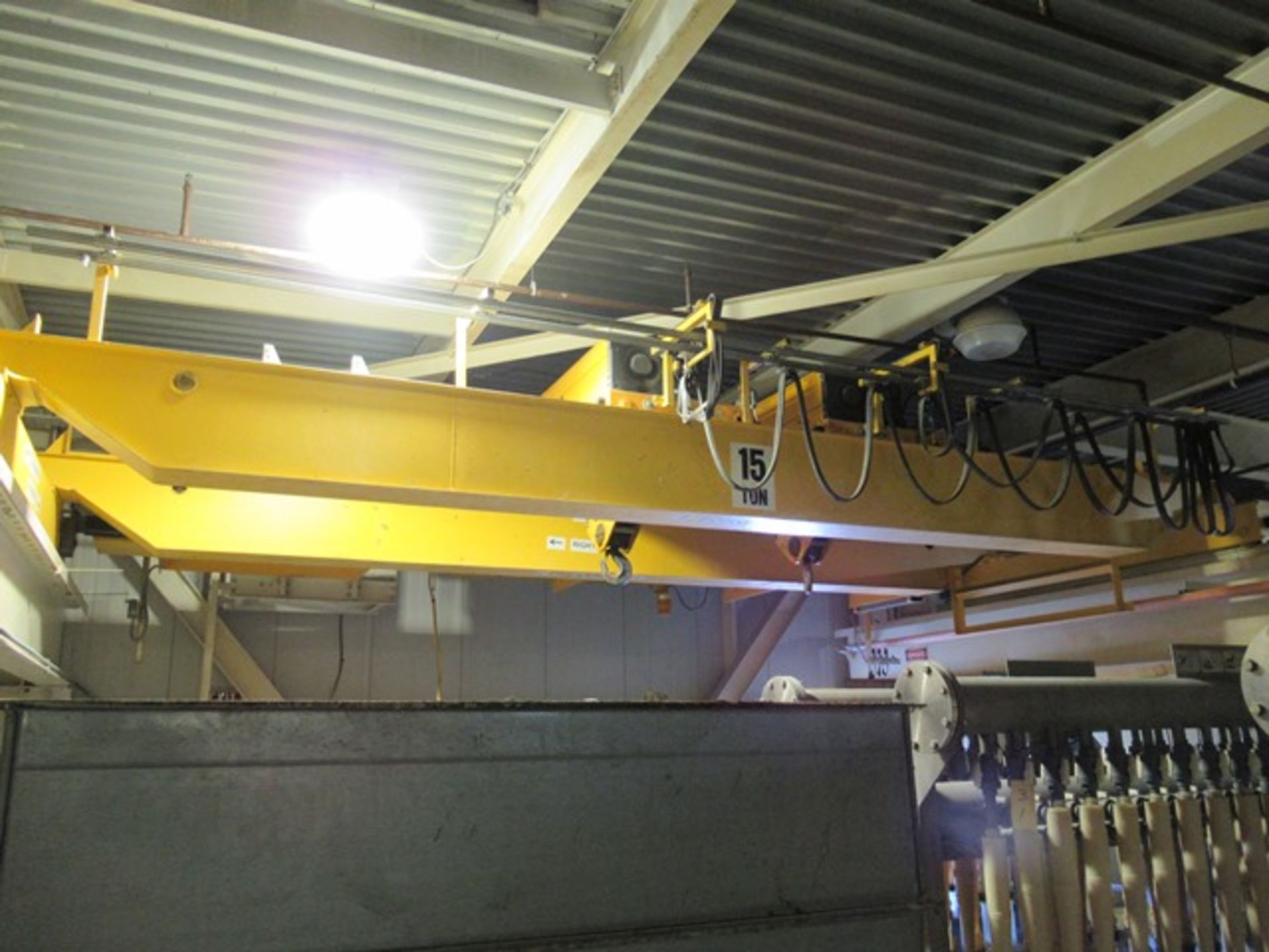 KONE 30' APPROX. 15-TON DOUBLE GIRDER OVERHEAD CRANE W/2-7.5-TON HOISTS (M3RDF)